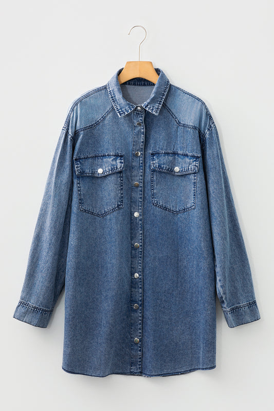 Blue Beau Chest Pocket Raw Hem Denim Loose Shirt Dress