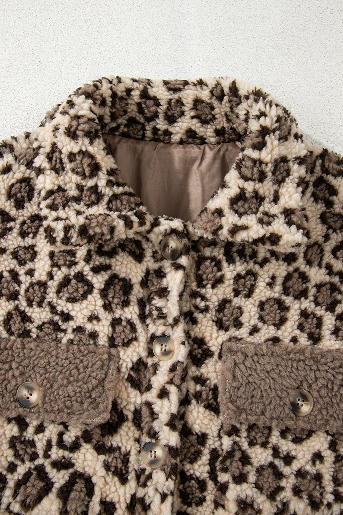 Brown Sherpa Leopard Print Flap Pocket Collared Button Up Jacket