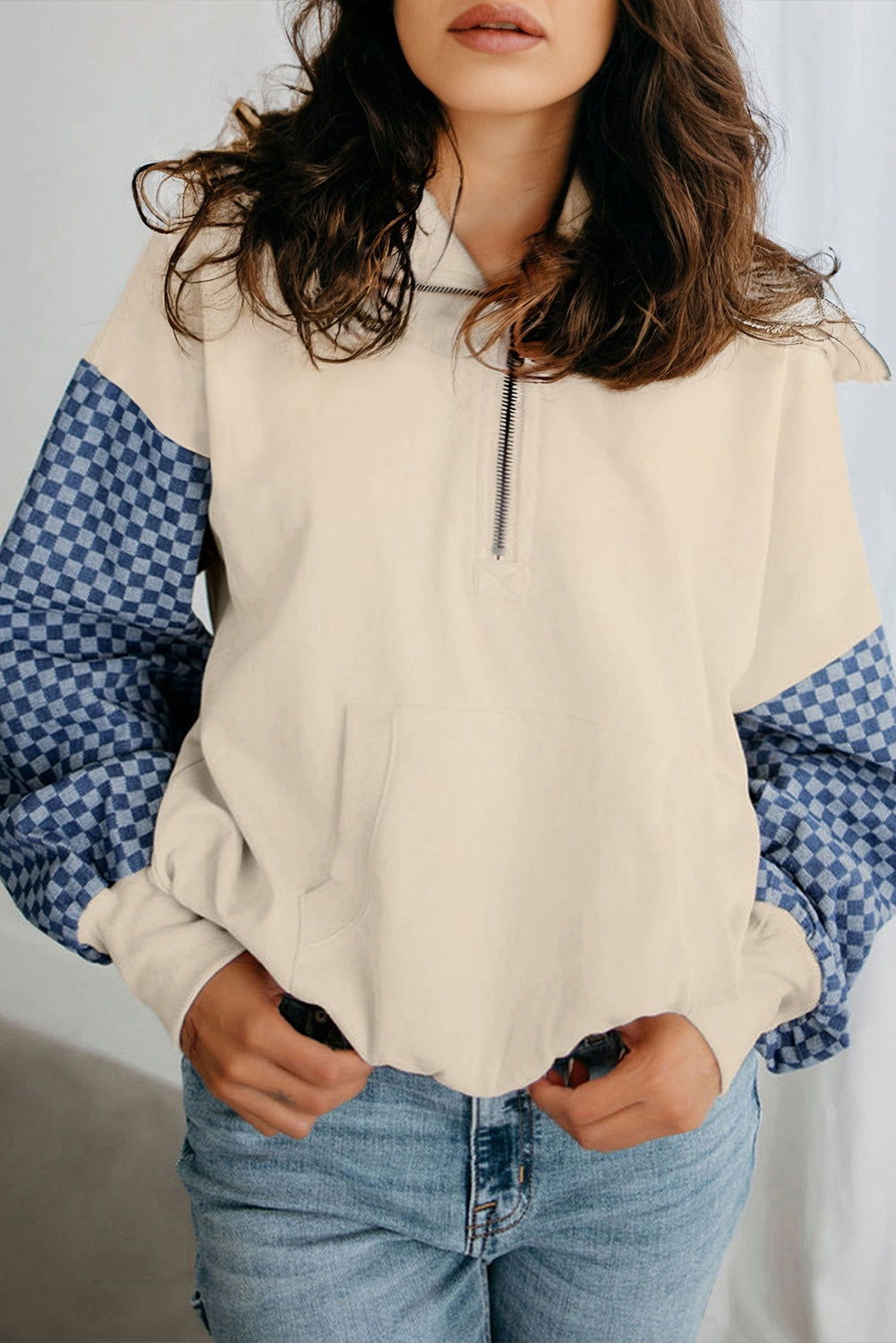 Bonbon Checkered Patchwork Kangaroo Pocket Half Zipper Hoodie