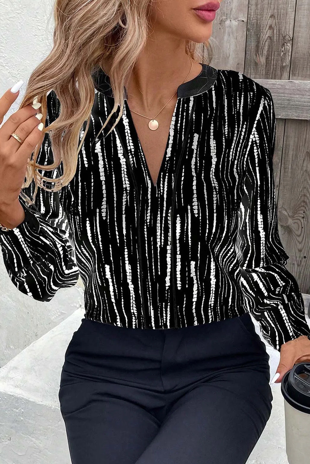 Black Abstract Printed V Neck Fall Blouse