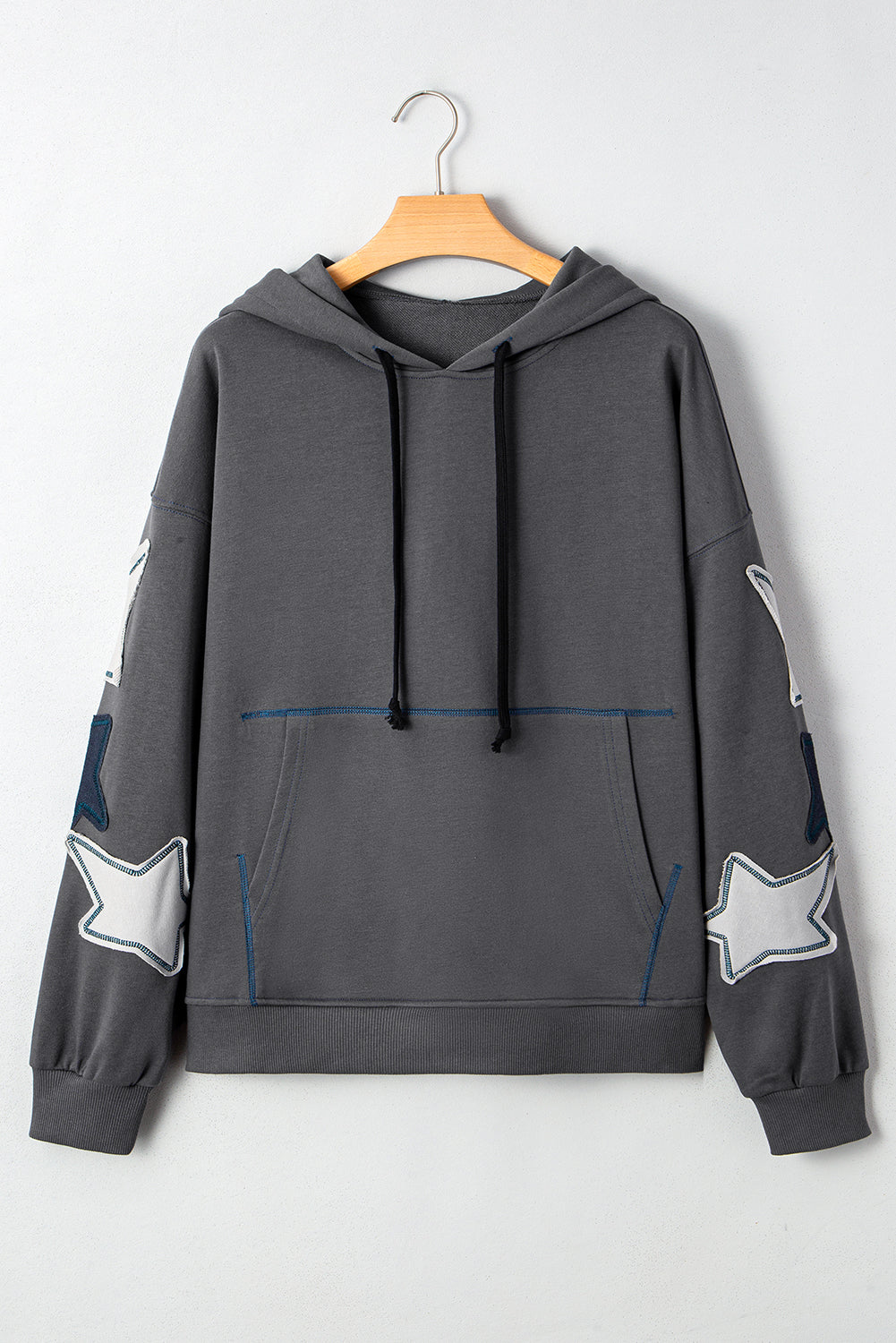 Carbon Grey Star Patchwork Contrast Stitching Mineral Wash Kangaroo Pocket Vintage Hoodie
