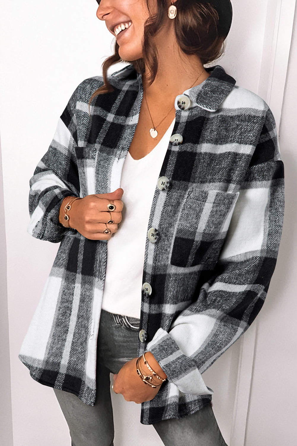 Pink Plaid Color Block Buttoned Long Sleeve Jacket with Pocket