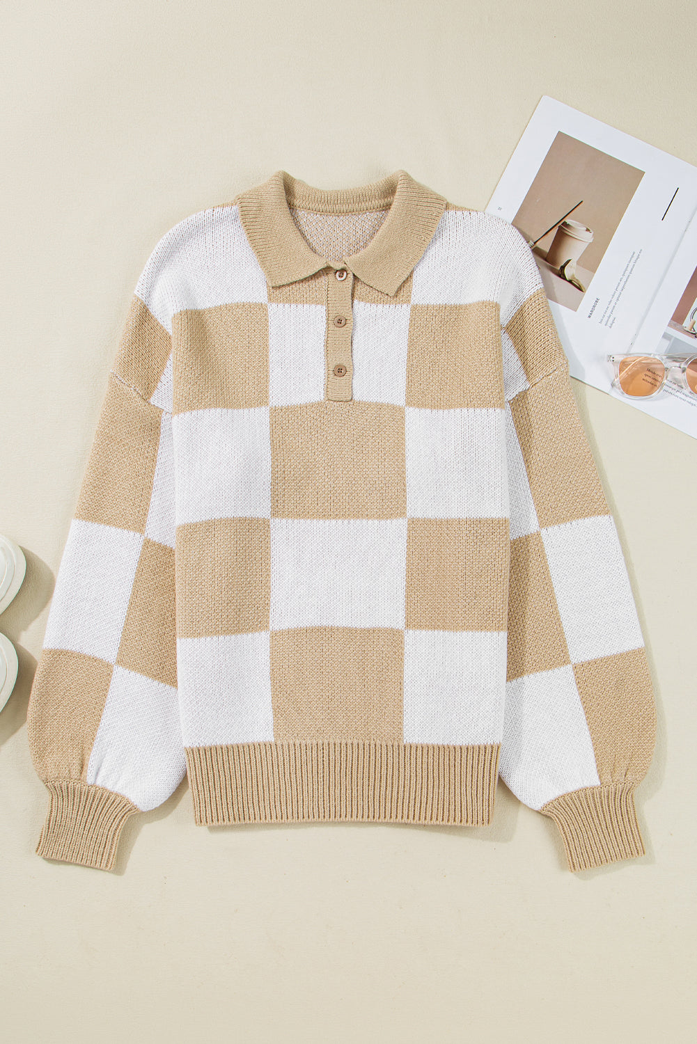 Grapefruit Orange Checkered Pattern Polo Collar Loose Sweater