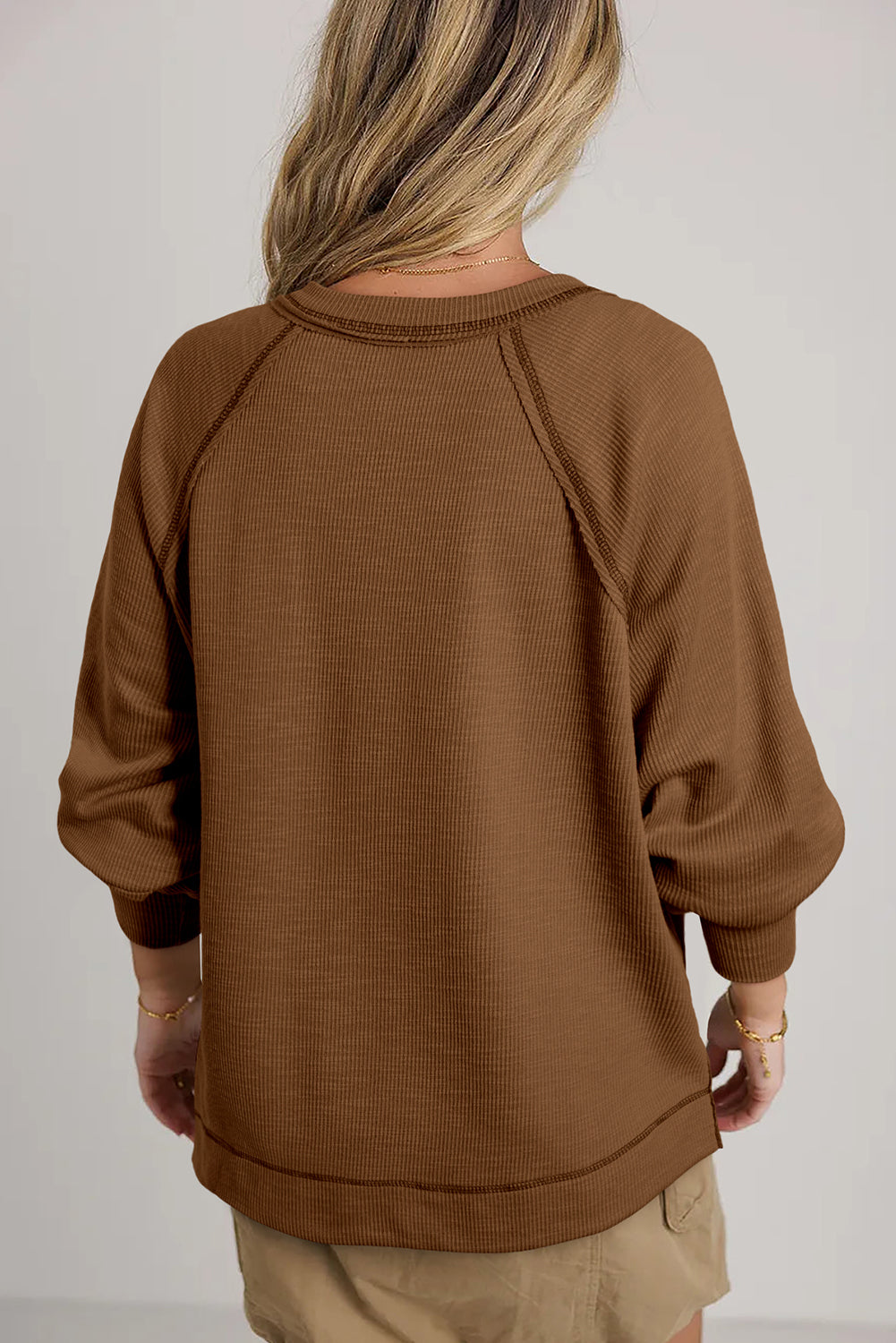 Beige Exposed Seam Textured Knit V Neck Pullover Top