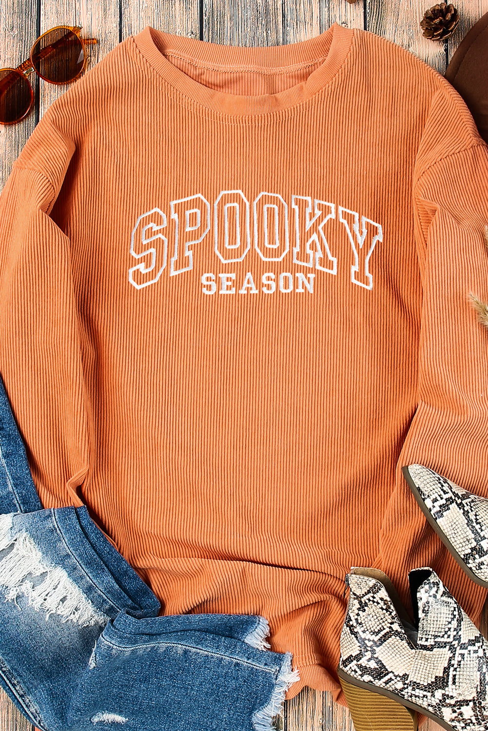 Orange SPOOKY SEASON Embroidered Letter Graphic Twisted Ribbed Sweatshirt