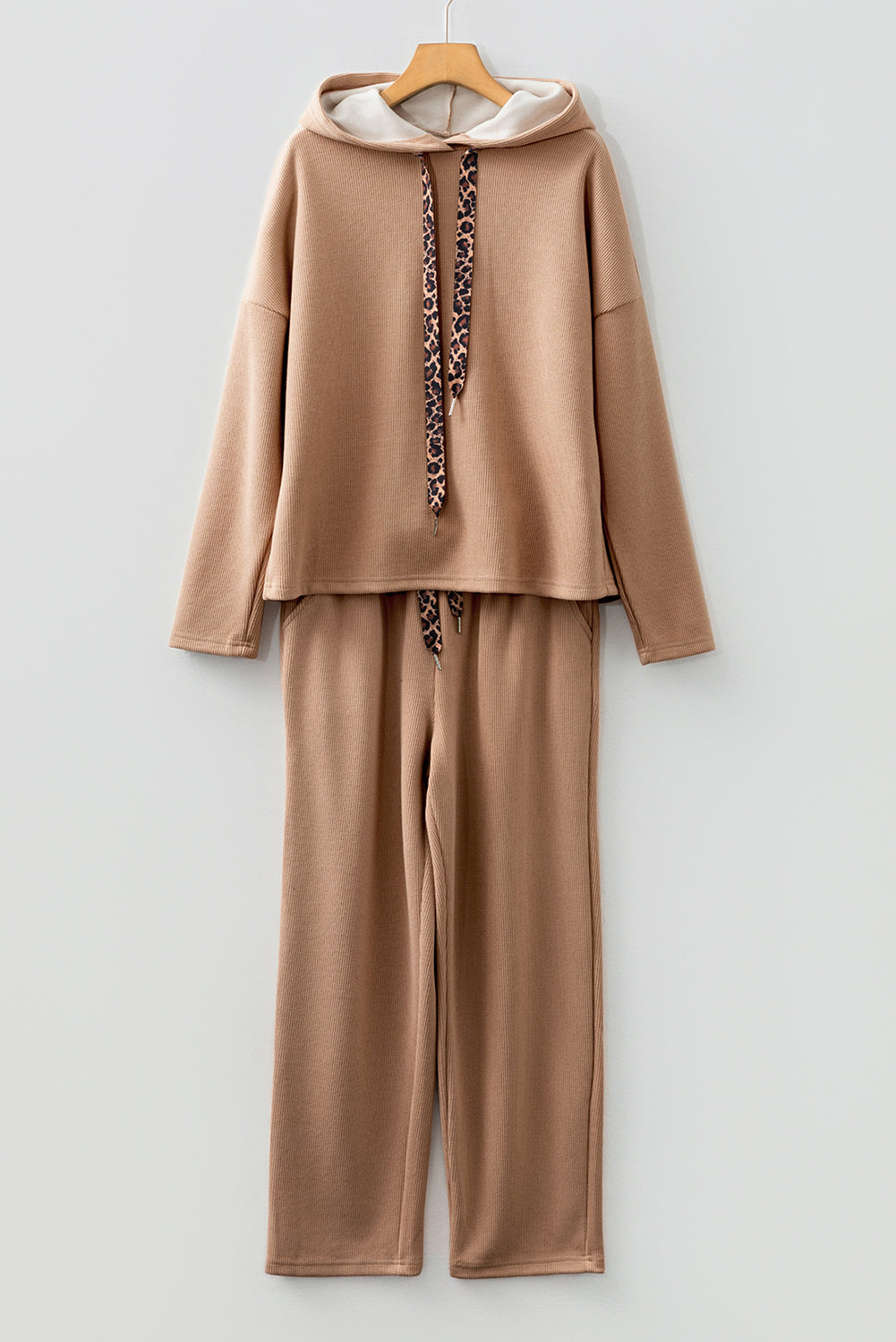 Parchment Leopard Drawstring Pullover Hoodie and High Waist Pants Corduroy Suit