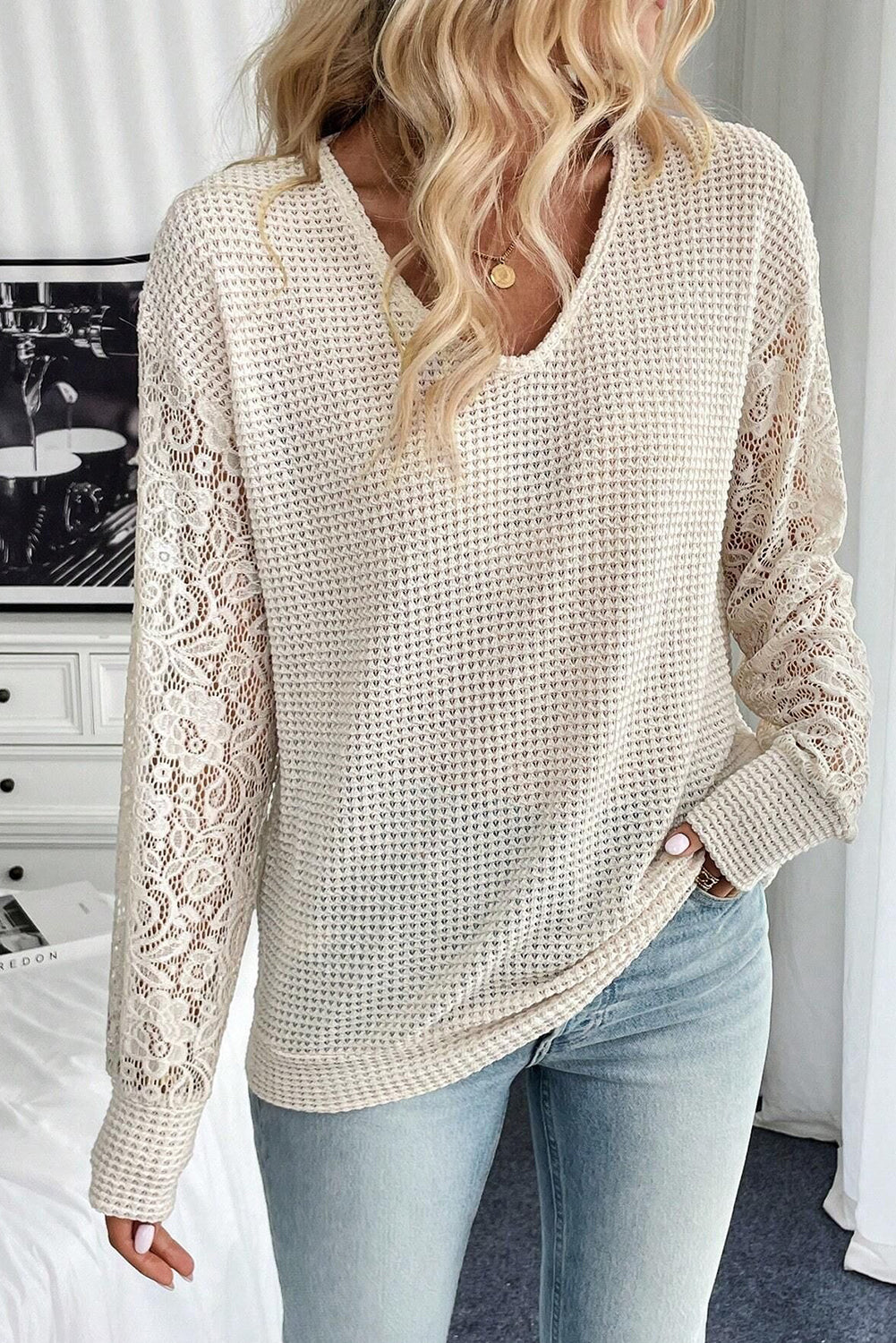 Beige V Neck Breathable Knit Drop Shoulder Lace Sleeve Patchwork Top