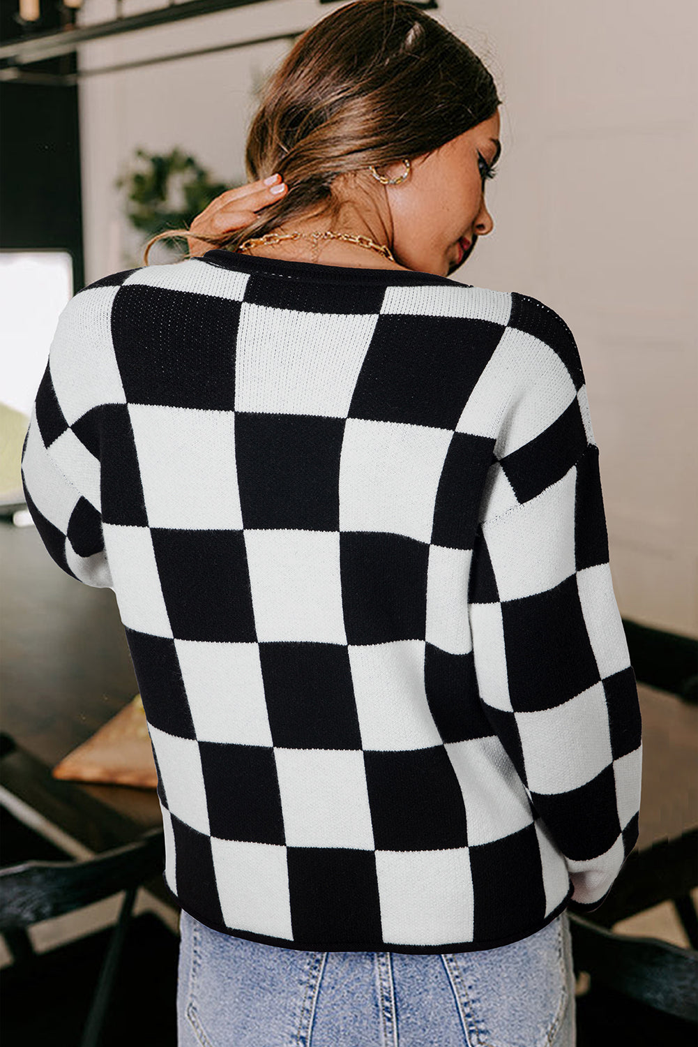 Green Checked Notched Neckline Drop Shoulder Knit Sweater