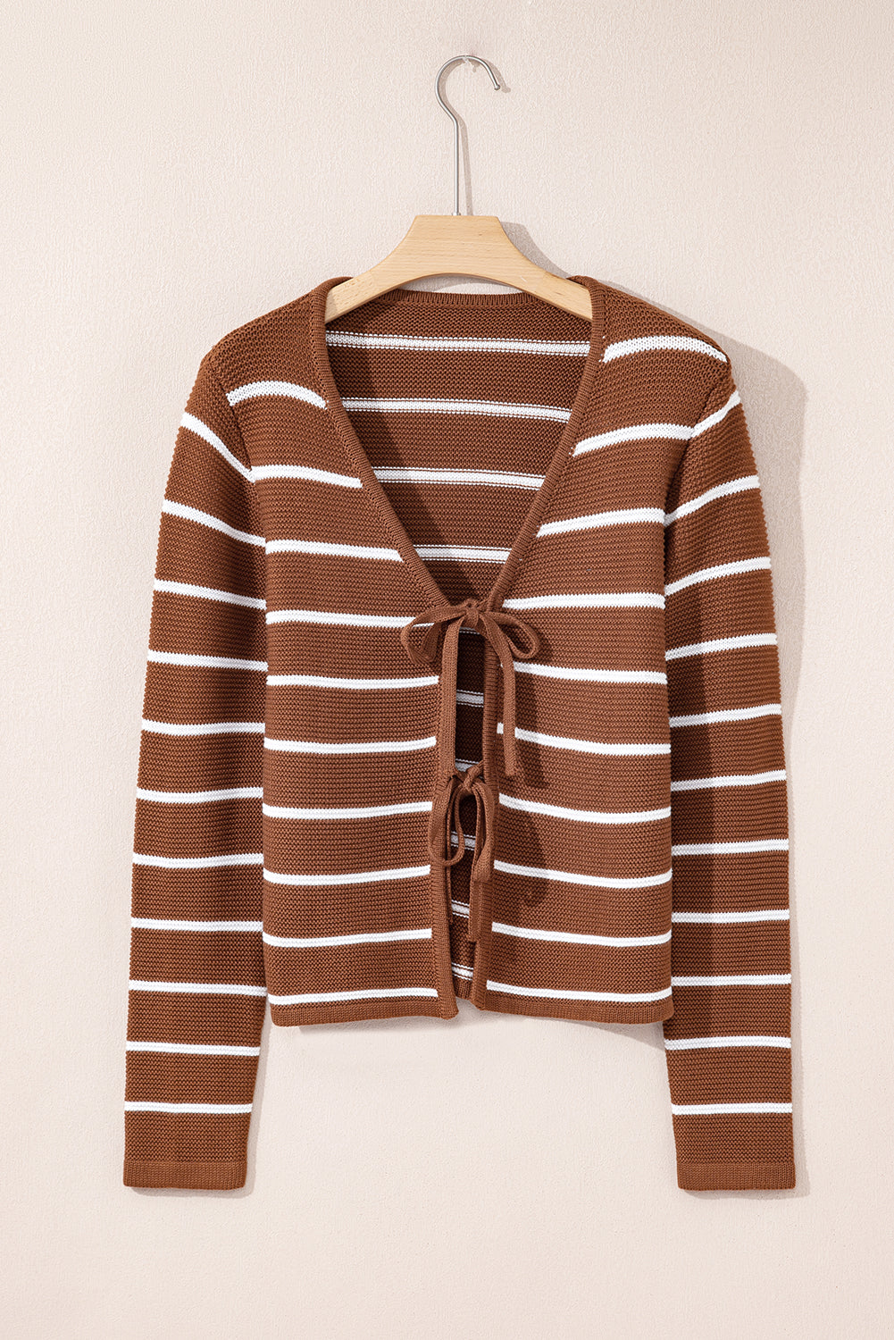 Chestnut Tie Front Striped Knit V Neck Cardigan Sweater