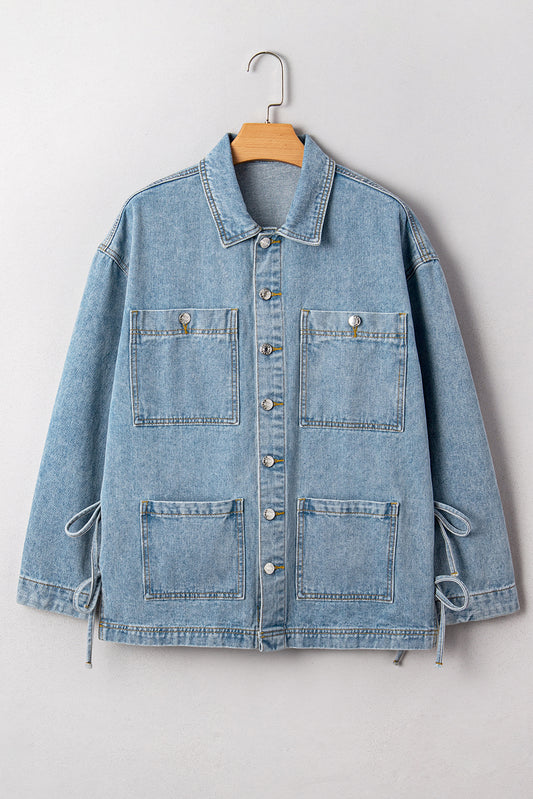Beau Blue Multi Patched Pockets Side Tie up Boyfriend Style Denim Jacket