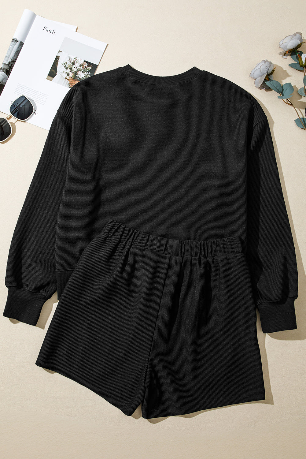 Black Ribbed Texture Baggy Drop Shoulder Pullover and Shorts Set