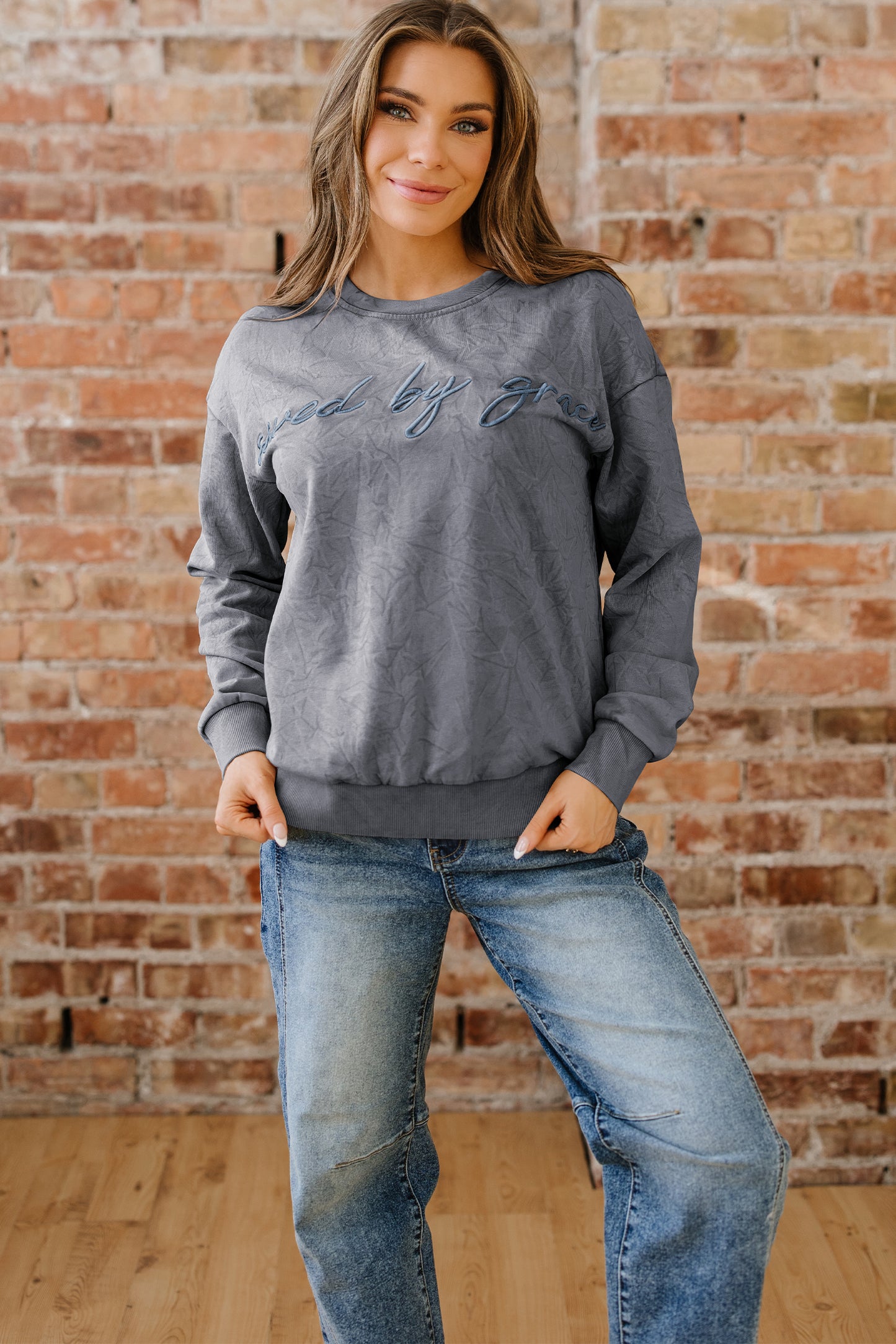 DUNE saved by grace Letter Embroidery Mineral Wash Loose Sweatshirt