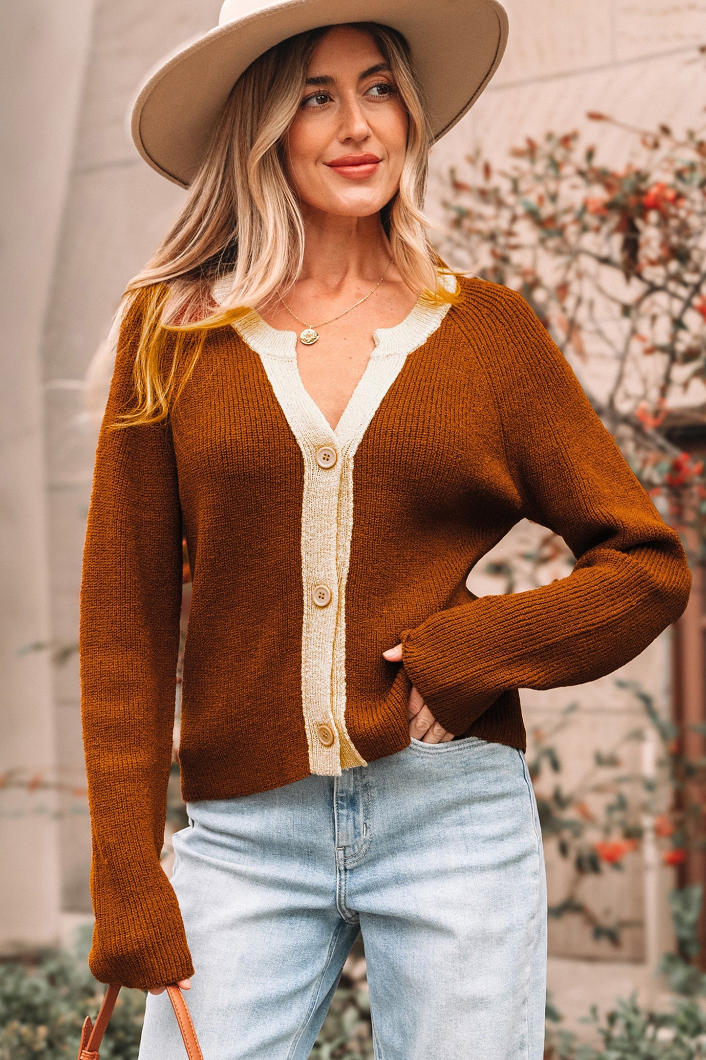 Chestnut Contrast Knit V Neckline Short Cardigan