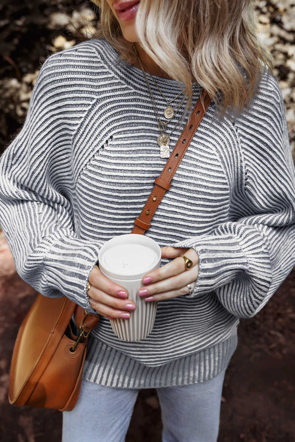 Black Striped Print Ribbed Knit Boat Neck Baggy Sweater