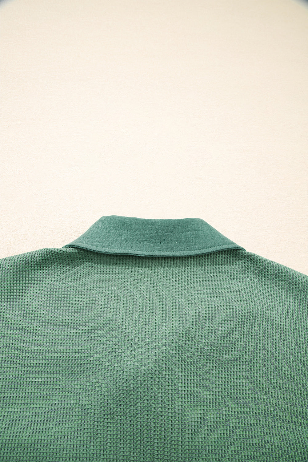 Grass Green Waffle Knit Vintage Patchwork Button Up Loose Shirt