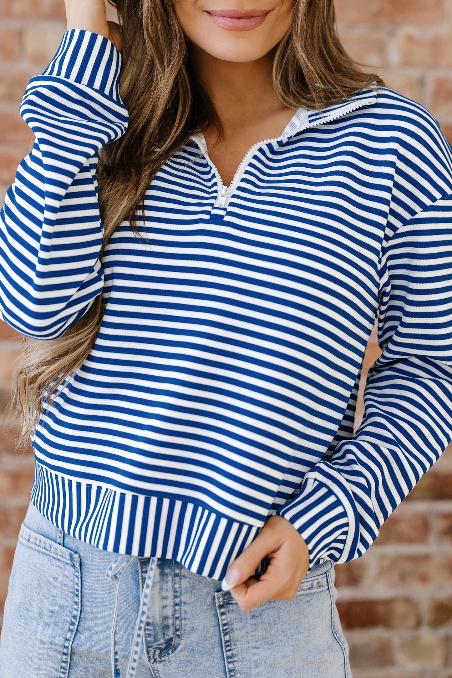 Green Stripe Quarter Zip Collar Pullover Long Sleeve Top