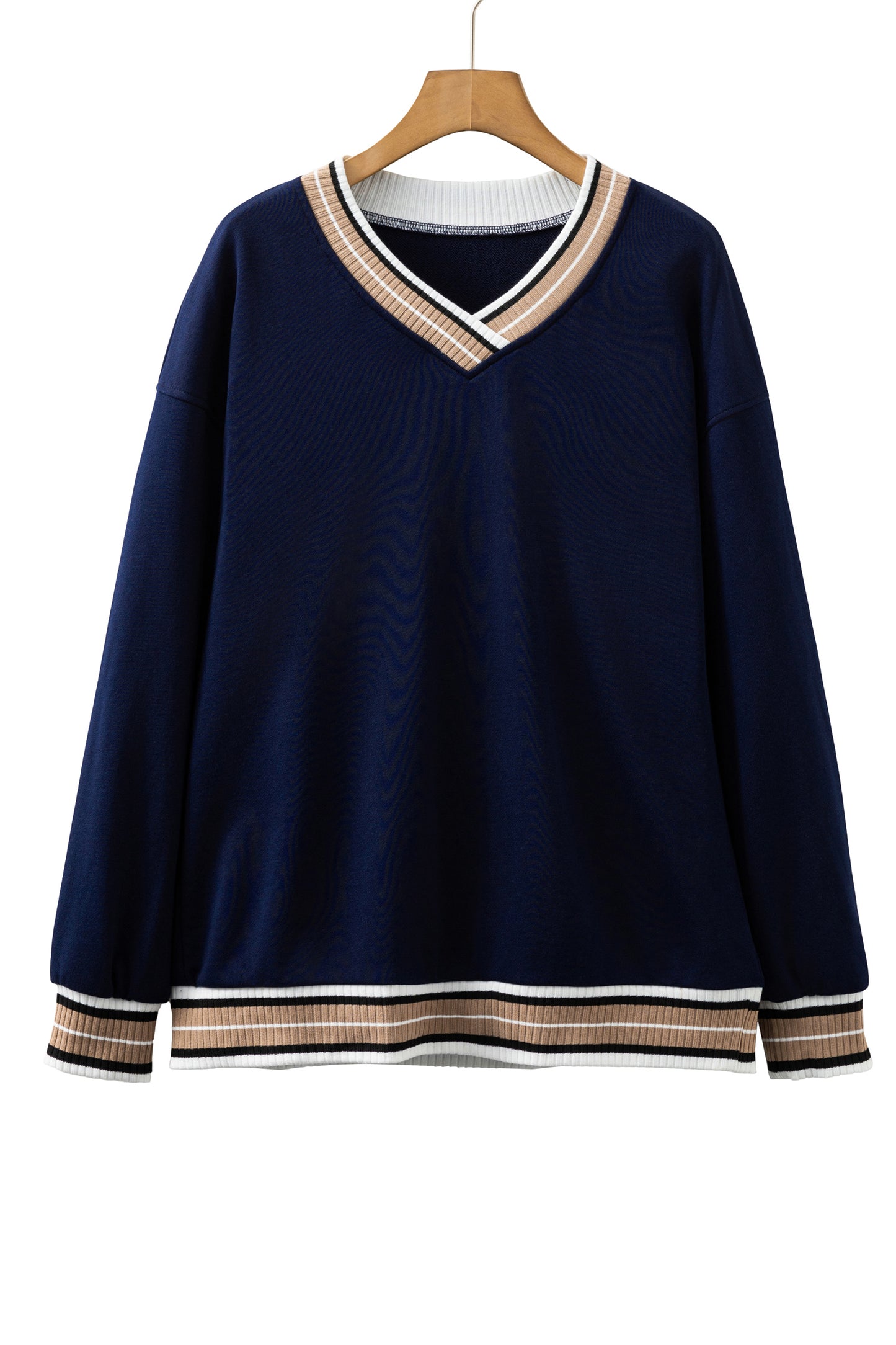 Navy Blue Varsity Contrast Striped Trim V Neck Sweatshirt