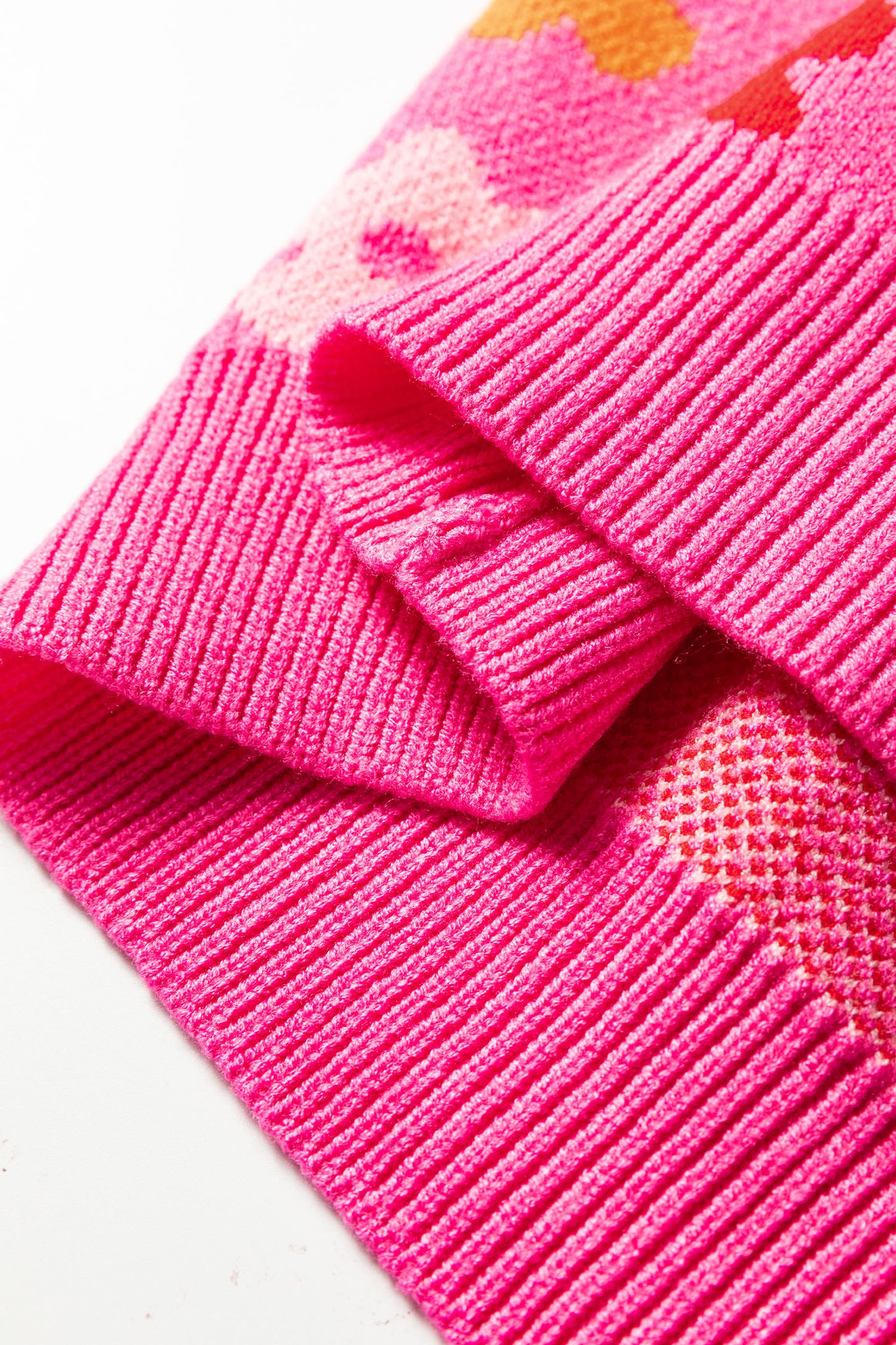 Rose Cute Flower Allover Ribbed Trimmed Drop Shoulder Pullover Sweater