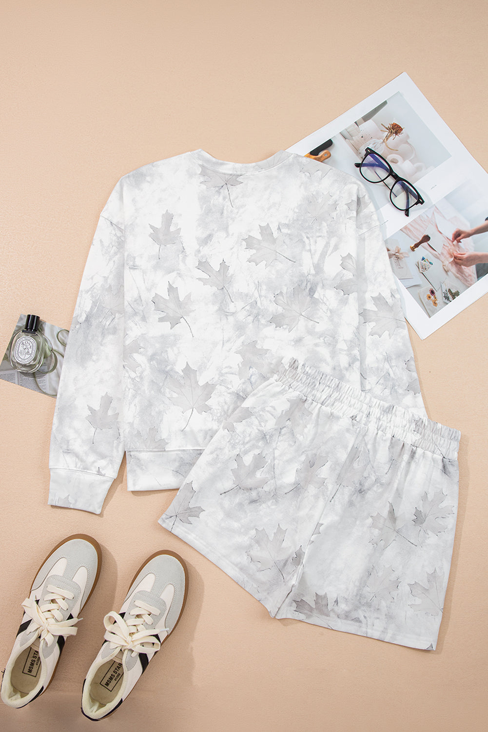 Beige Camo Print Pullover Top and Elastic Waist Casual Short Set