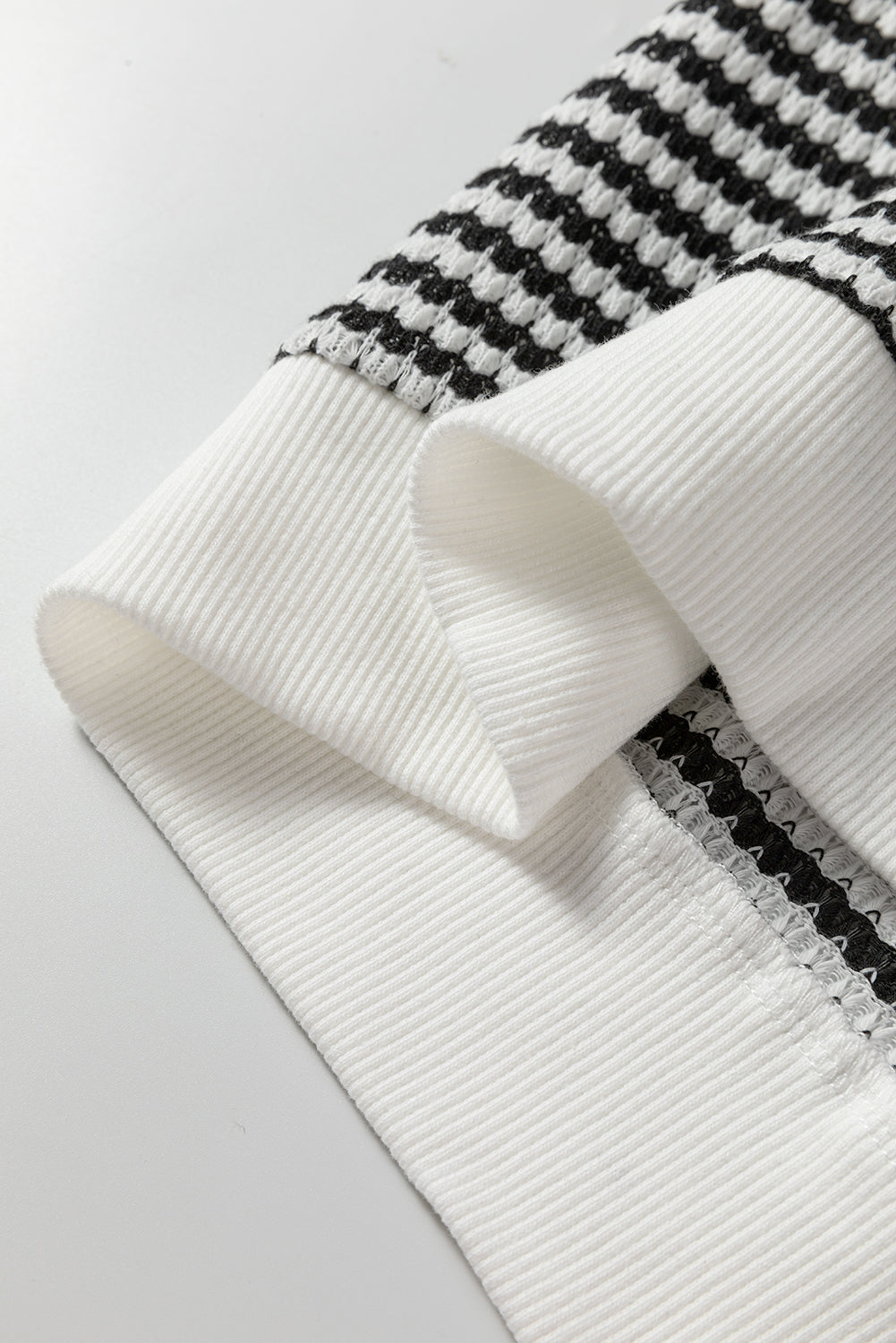 Black Stripe Textured Knit Contrast Hollowed Lace Patchwork Long Sleeve Top