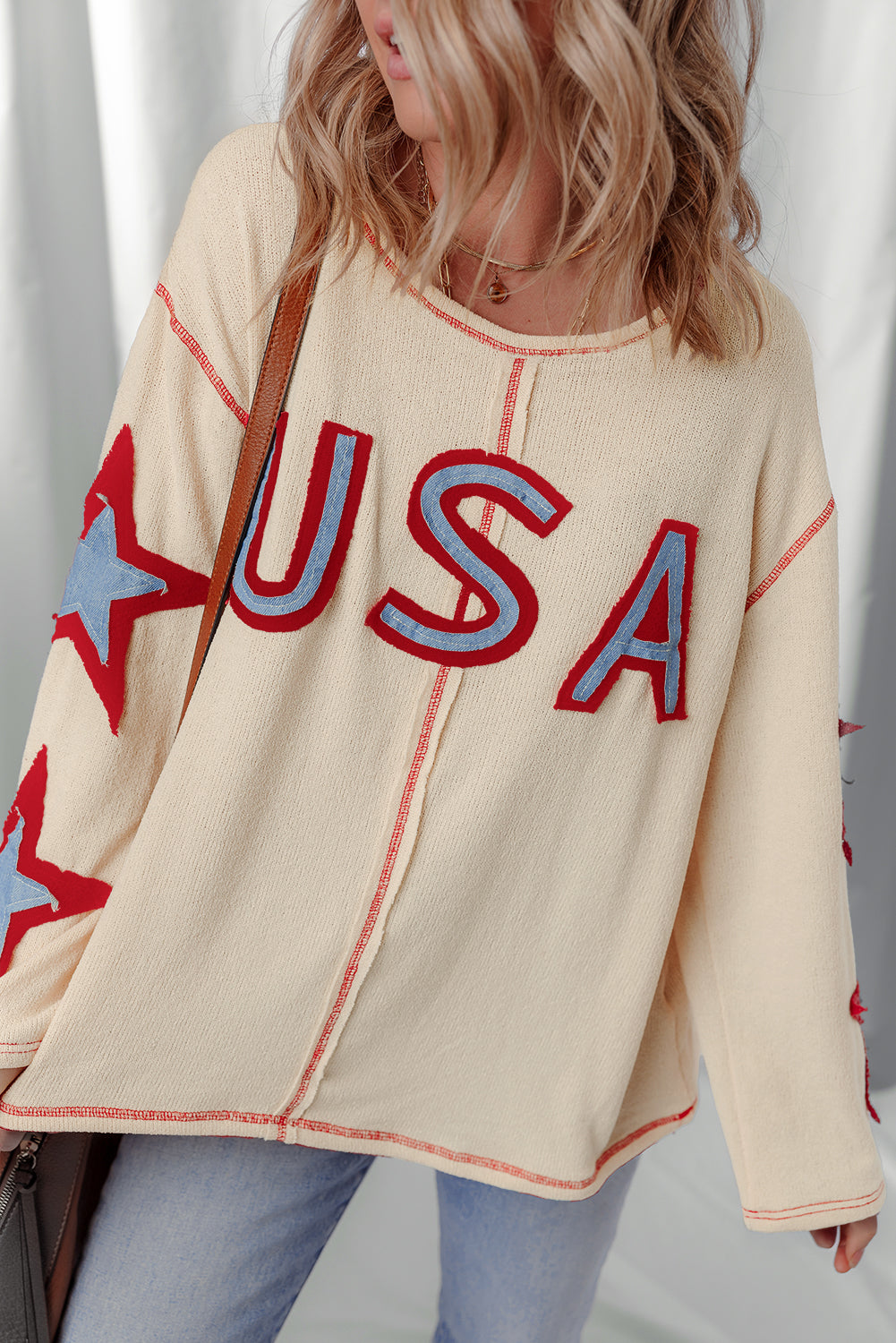 Beige USA Star Contrast Patchwork Exposed Seam Long Sleeve Top