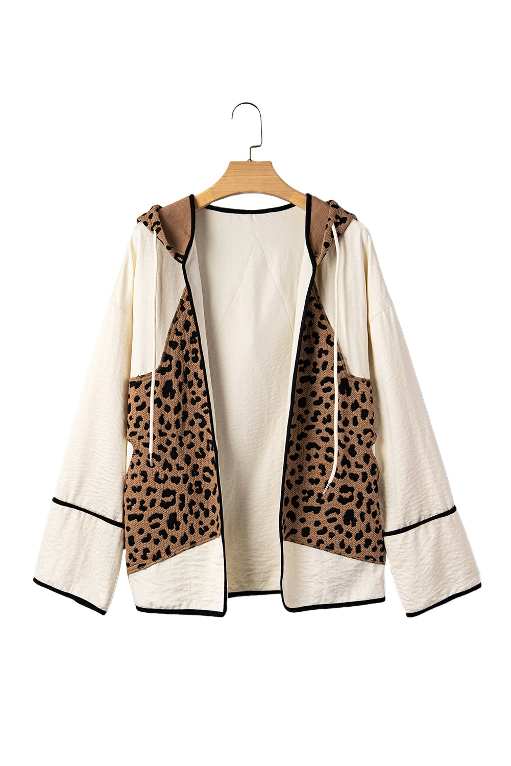 Brown Leopard Star Hooded Patchwork Contrast Piping Open Front Jacket