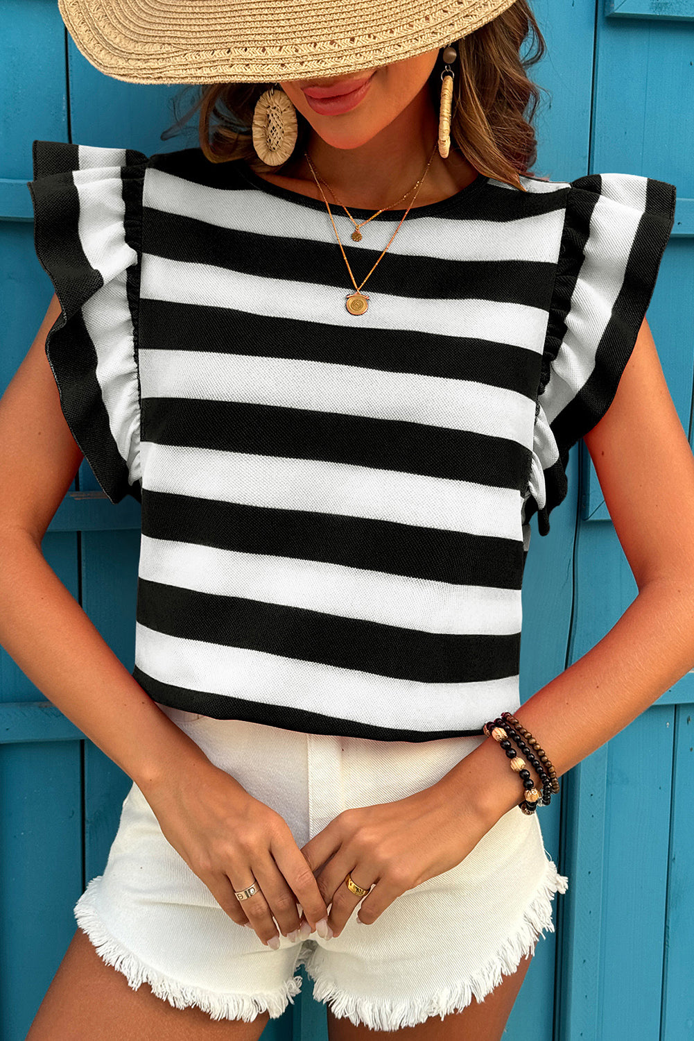 Black Stripe Flutter Sleeve Round Neck T Shirt
