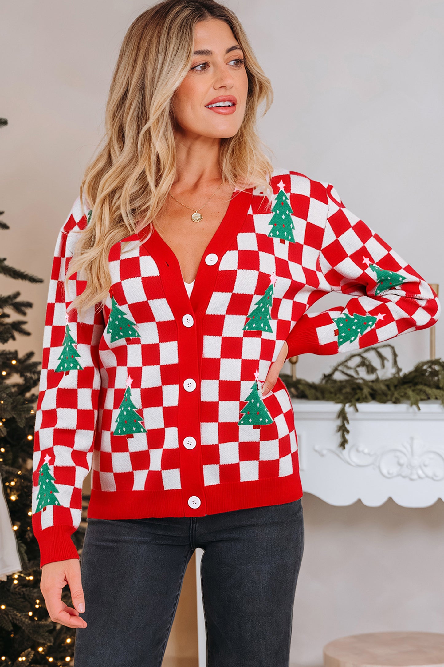 Pink Checkered Christmas Tree Pattern Button V Neck Cardigan Sweater