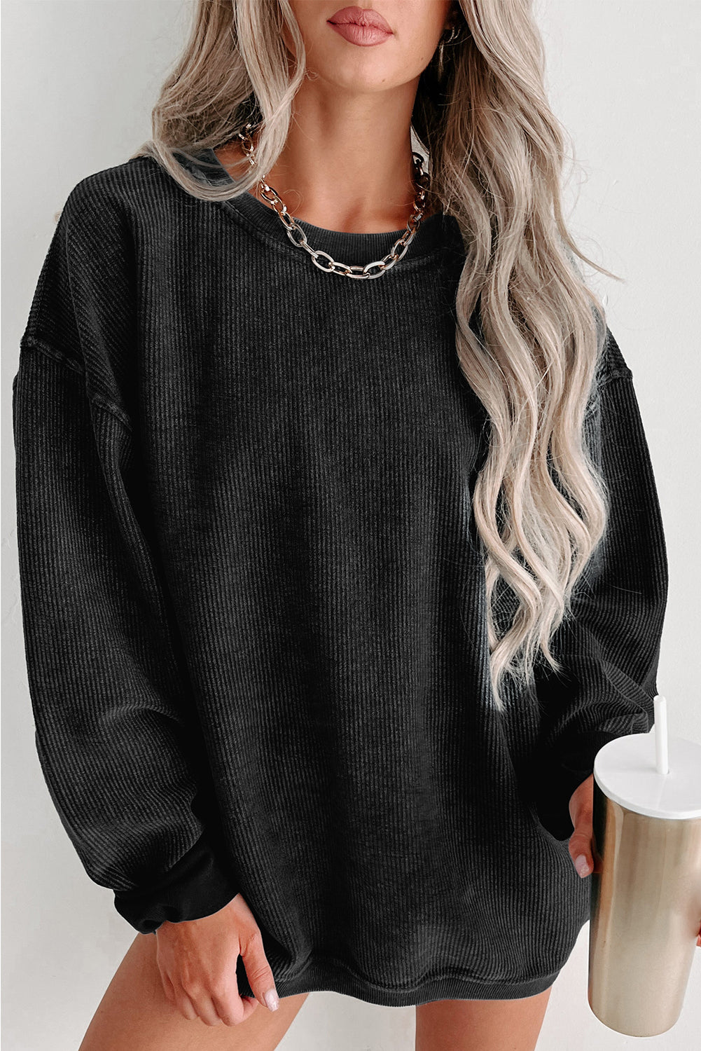 Green Solid Ribbed Knit Round Neck Pullover Sweatshirt
