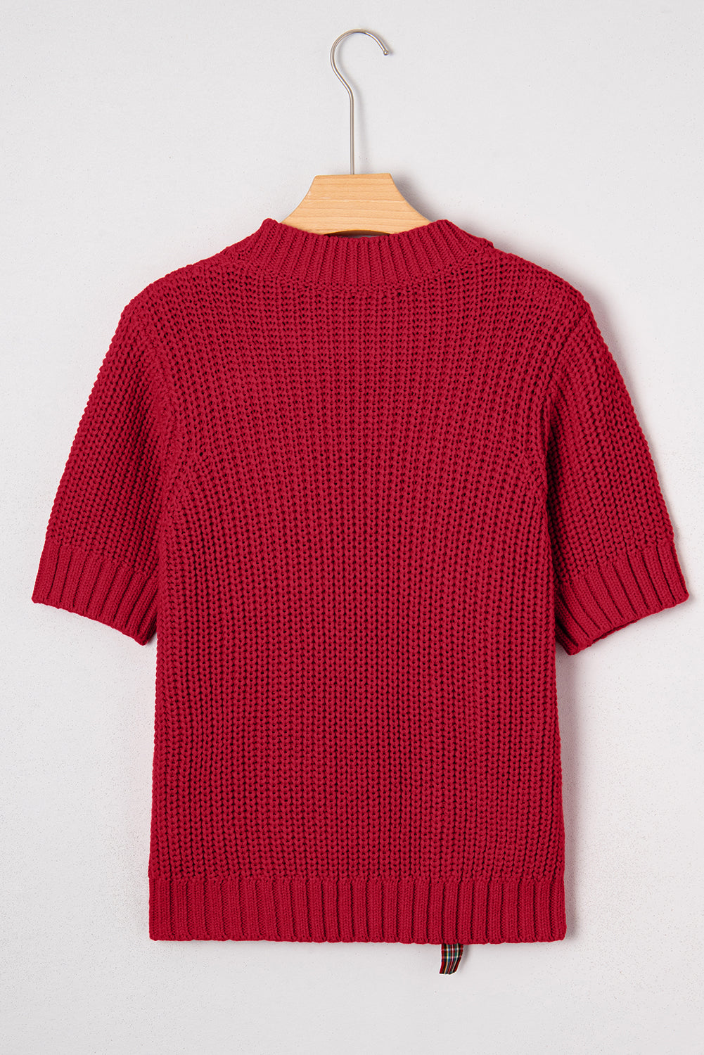 Fiery Red Plaid Lace up Detail Christmas Holiday Puff Short Sleeve Sweater