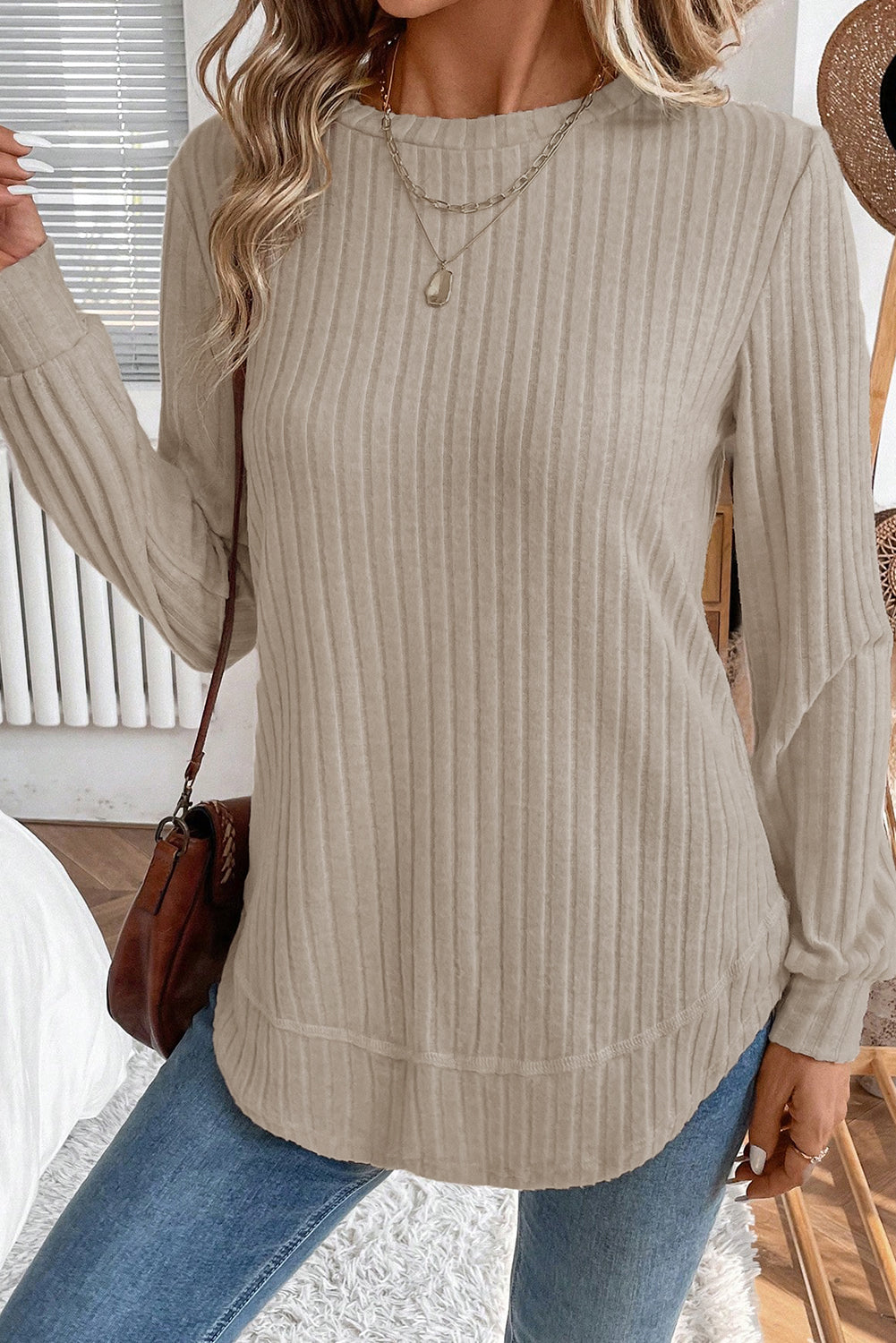 Black Ribbed Texture Round Neck Long Sleeve Rounded Hem Knit Top