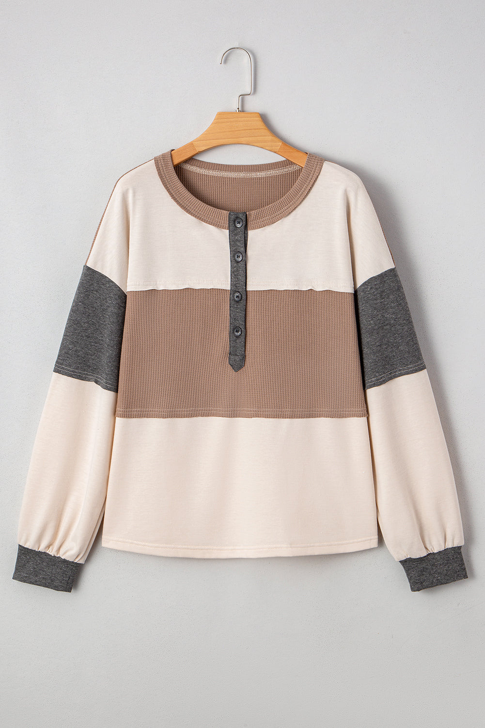 Jet Stream Color Block Waffled Patchwork Loose Henley Top