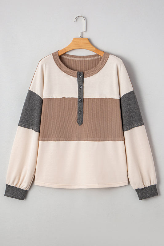 Jet Stream Color Block Waffled Patchwork Loose Henley Top