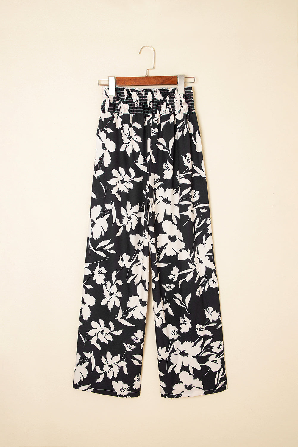 Black Floral Print Smocked High Waist Wide Leg Pants