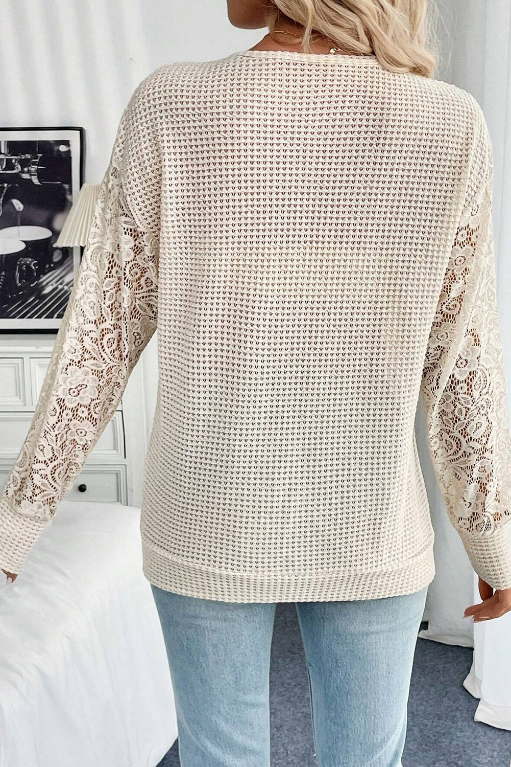 Beige V Neck Breathable Knit Drop Shoulder Lace Sleeve Patchwork Top