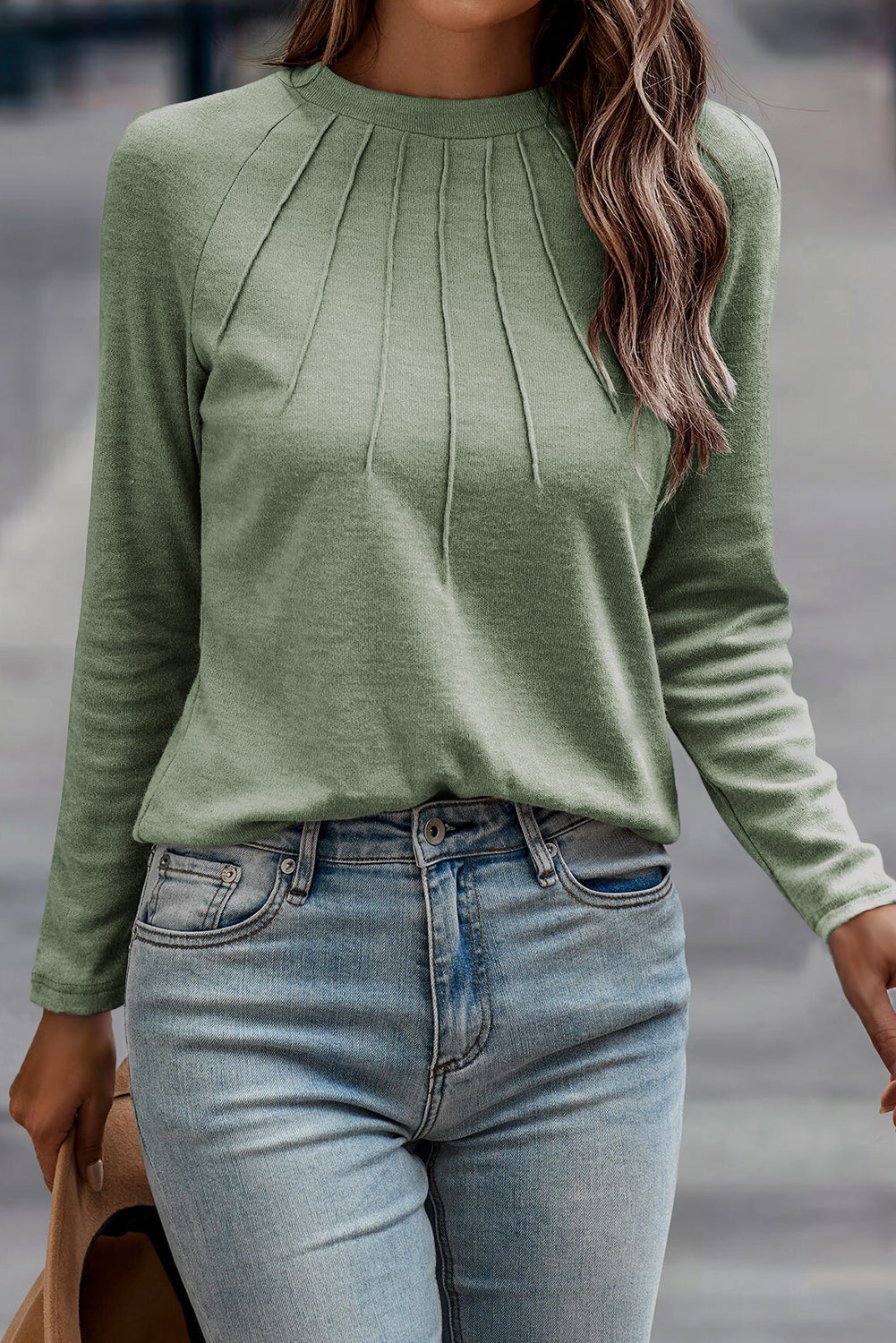 Cinnamon Solid Color Seam Detail Raglan Long Sleeve Top