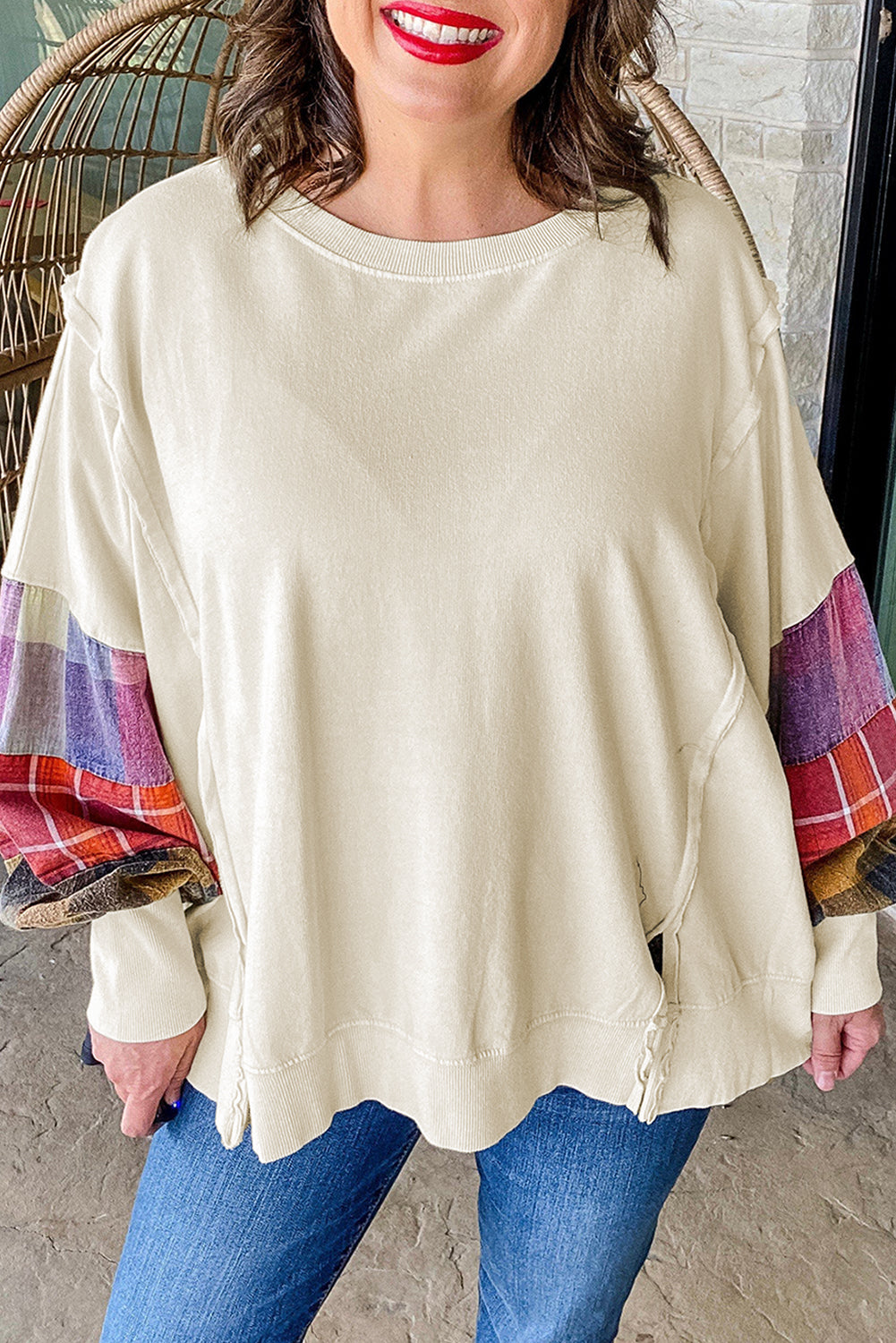 Beige Plus Size Multicolor Plaid Patchwork Sleeve Pullover Top