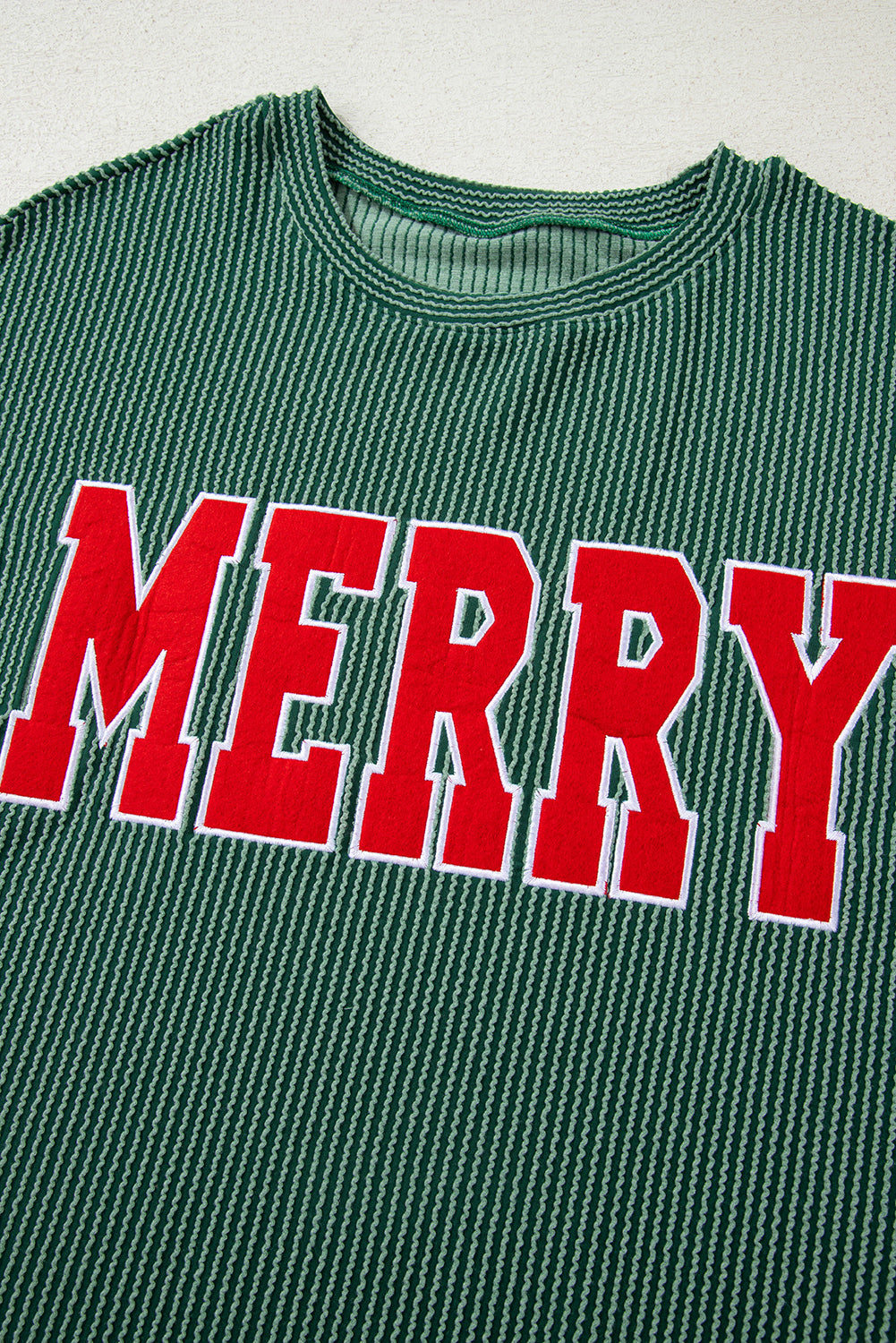 Fiery Red Twisted Rib Outlined Merry Letter Graphic Loose Long Sleeve Top