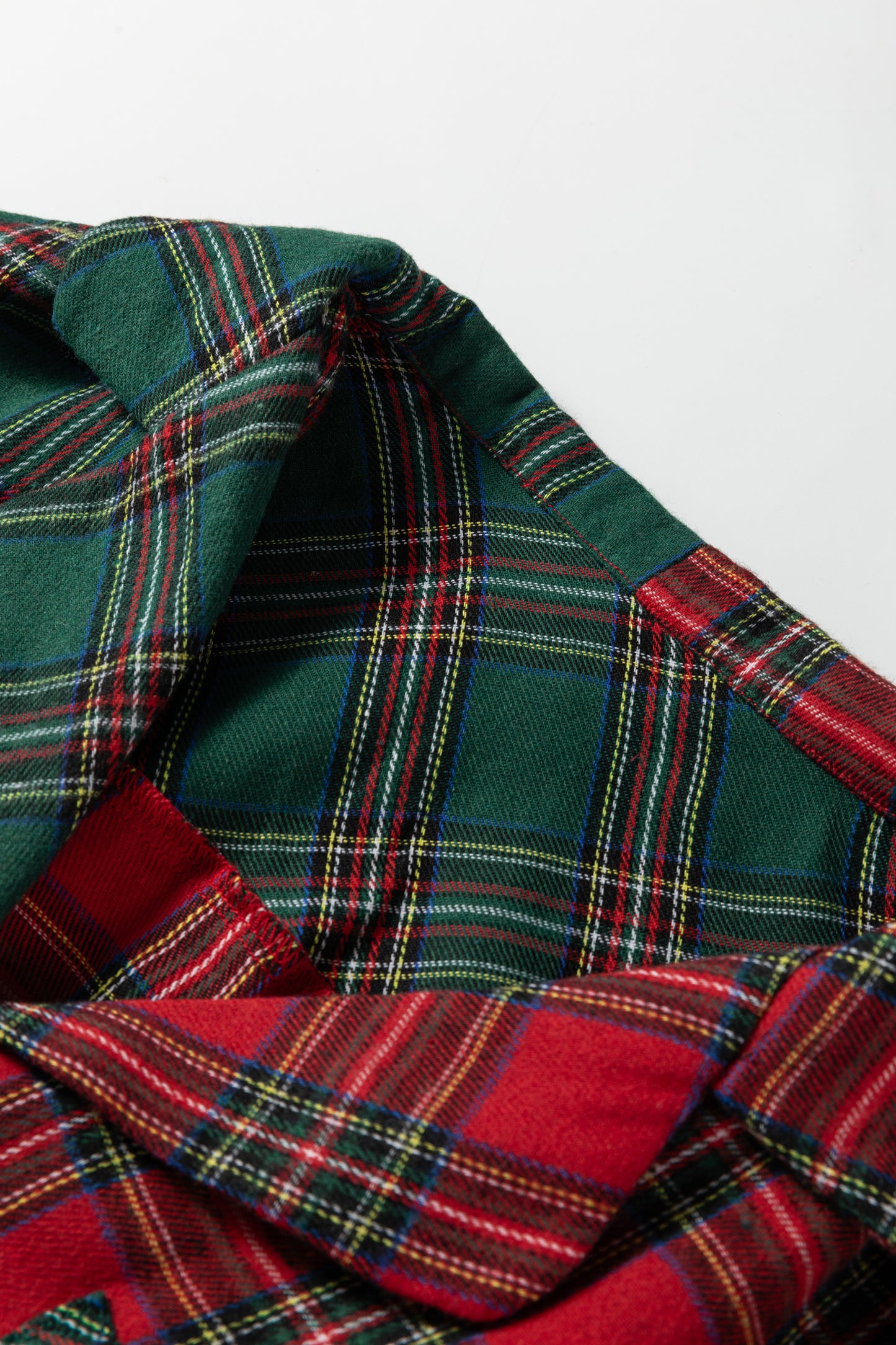 Red Plaid Contrast Patched Christmas Holiday Long Sleeve Shirt and Short 2pcs Pajama Set