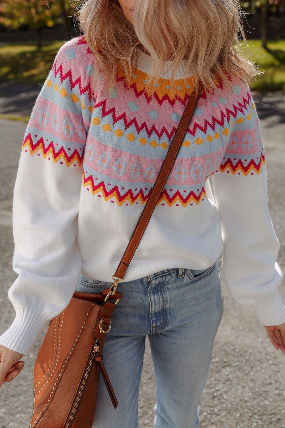 White Ethnic Geometric Colorblock Print Drop Shoulder Sweater