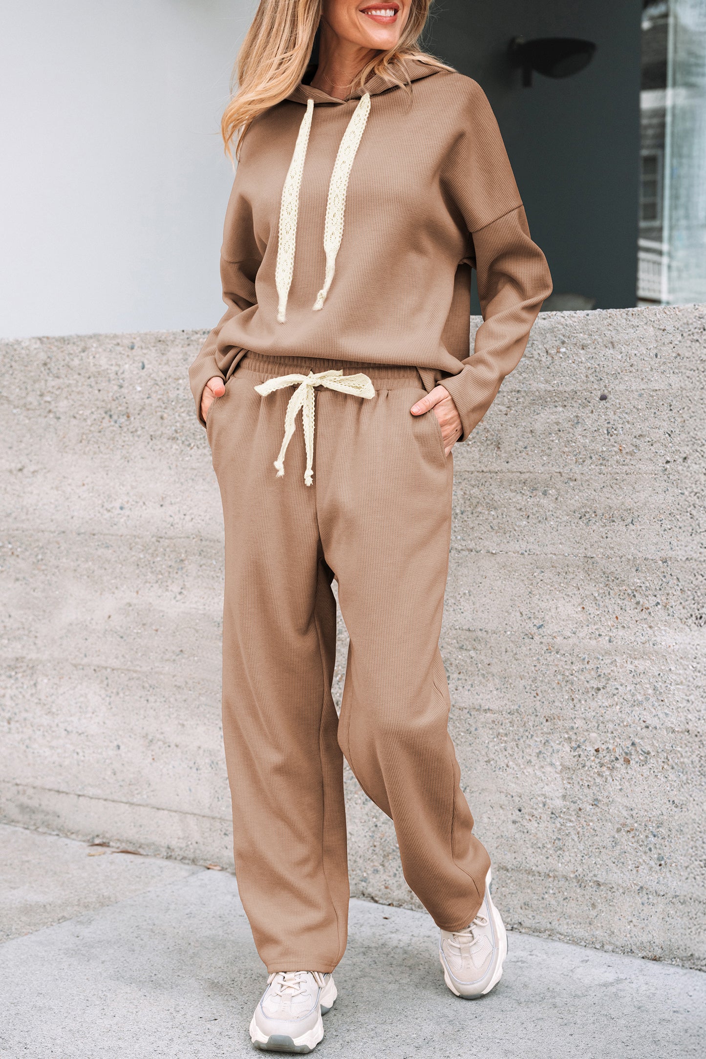 Jet Stream Lace Drawstring Pullover Hoodie and High Waist Pants Corduroy Suit