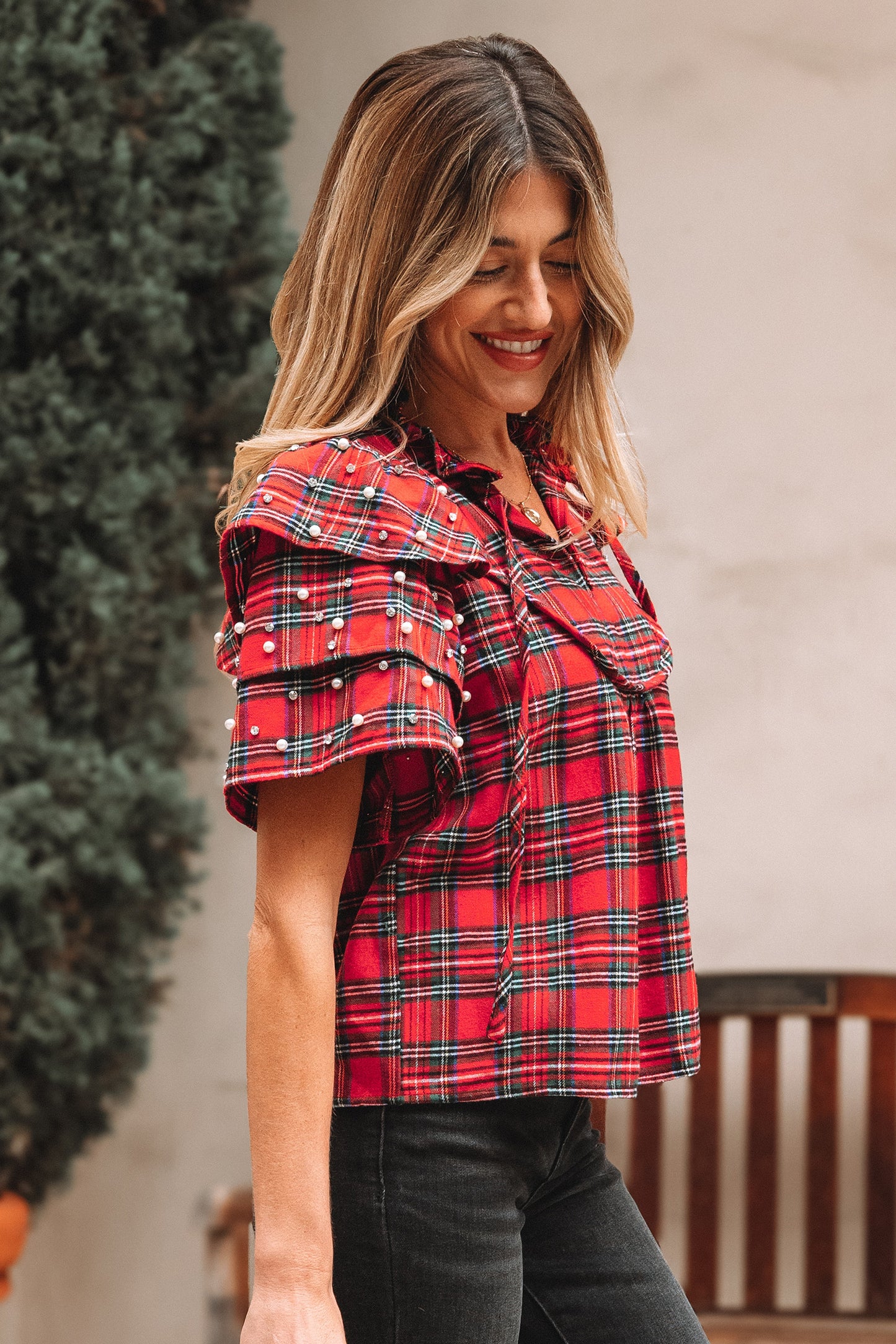 Red Festive Plaid Pearl Embellished Ruffle Short Sleeve Blouse
