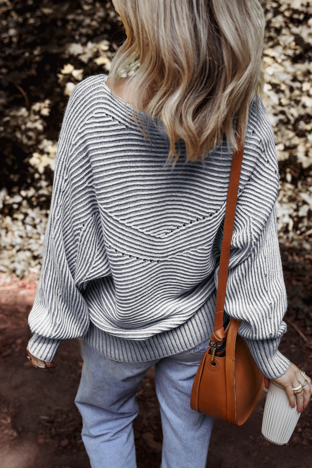 Black Striped Print Ribbed Knit Boat Neck Baggy Sweater
