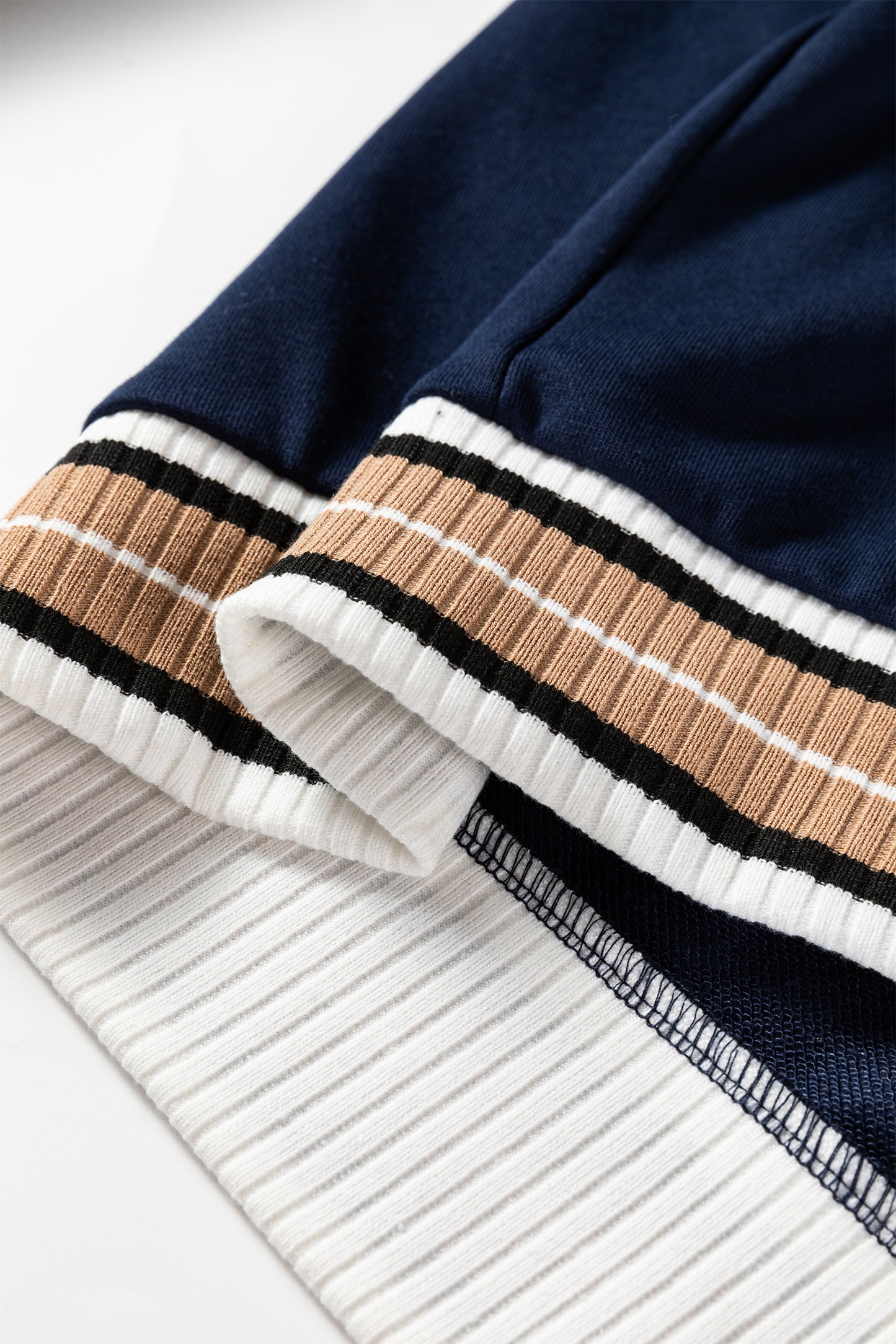 Navy Blue Varsity Contrast Striped Trim V Neck Sweatshirt