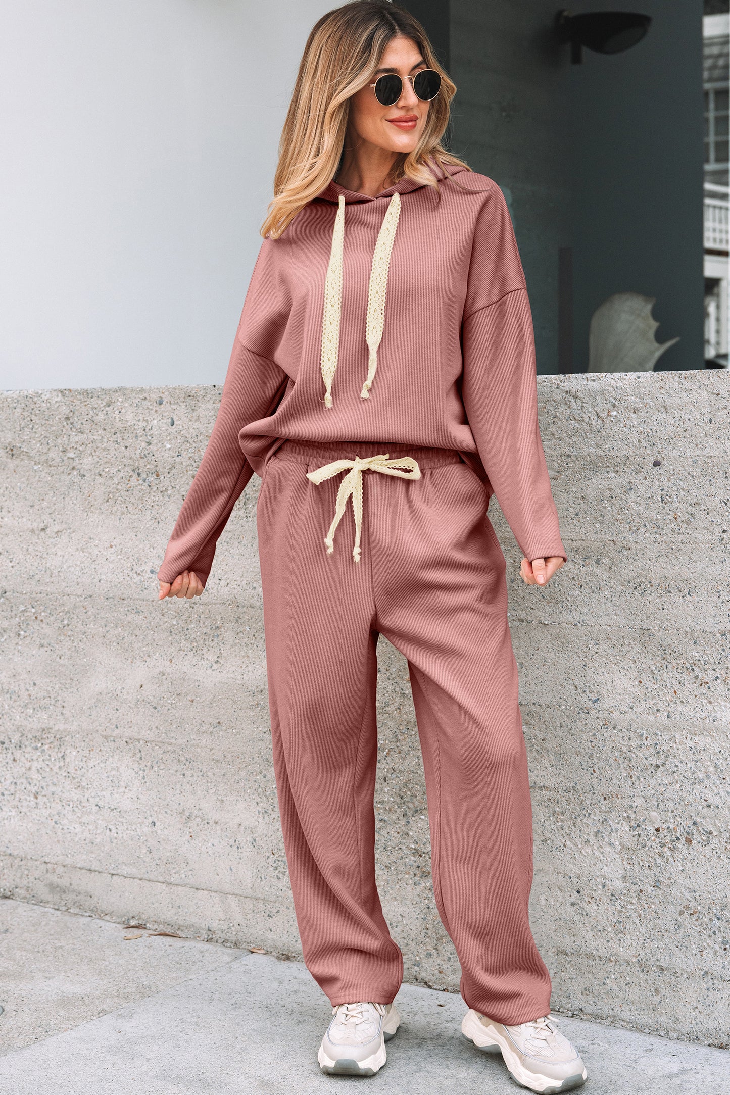 Parchment Leopard Drawstring Pullover Hoodie and High Waist Pants Corduroy Suit