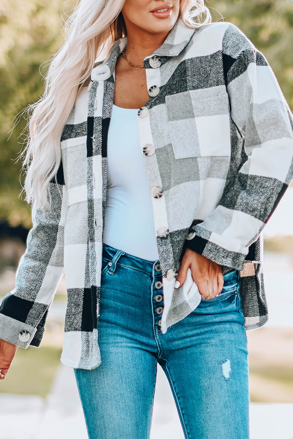 Pink Plaid Color Block Buttoned Long Sleeve Jacket with Pocket