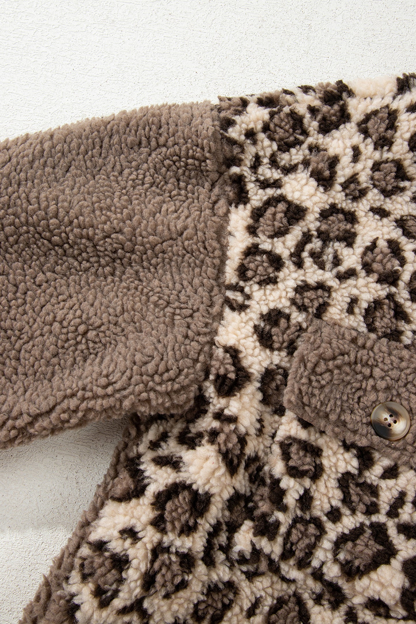 Brown Sherpa Leopard Print Flap Pocket Collared Button Up Jacket