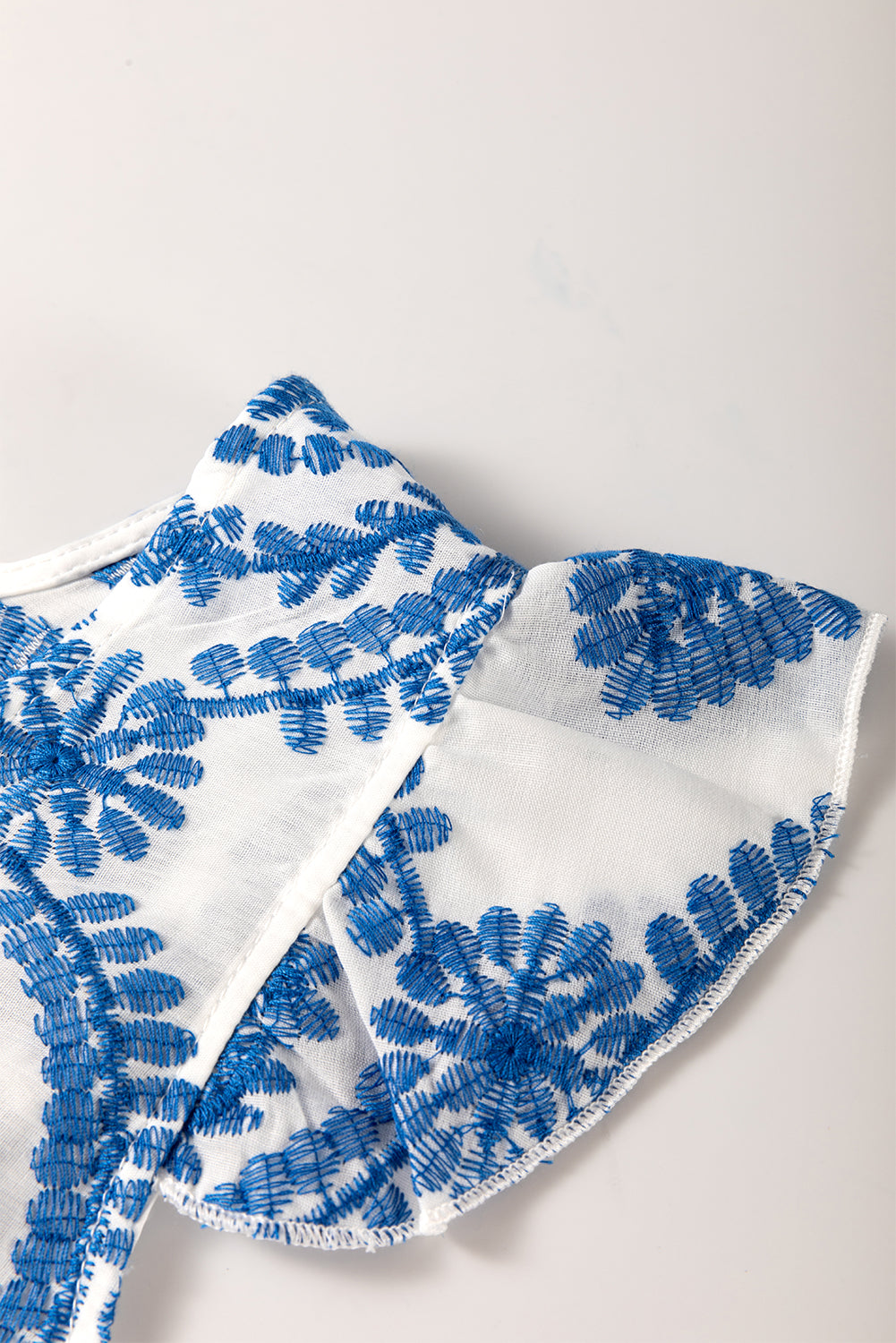 Blue Boho Print Flutter Sleeve Crew Neck Blouse