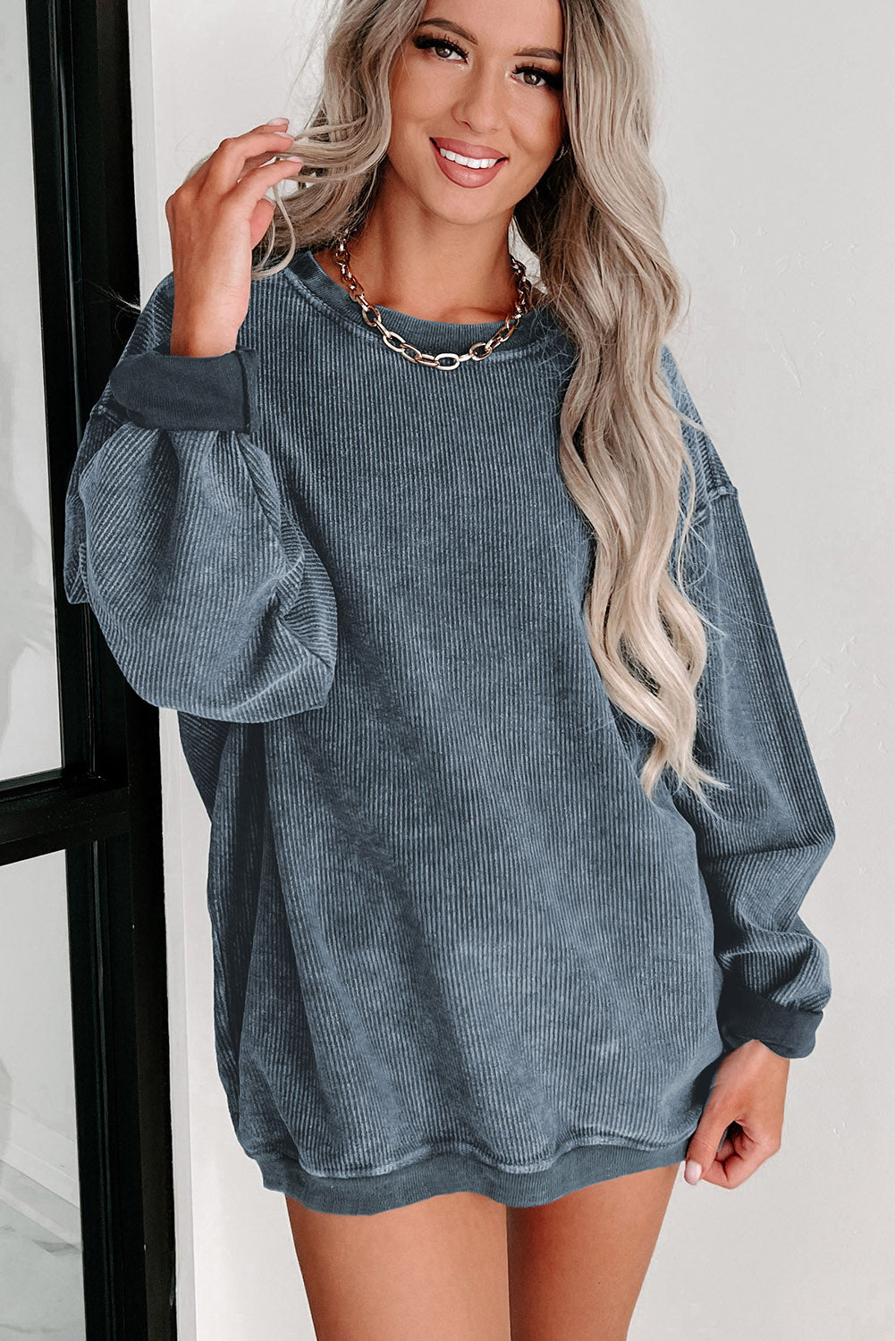 Green Solid Ribbed Knit Round Neck Pullover Sweatshirt