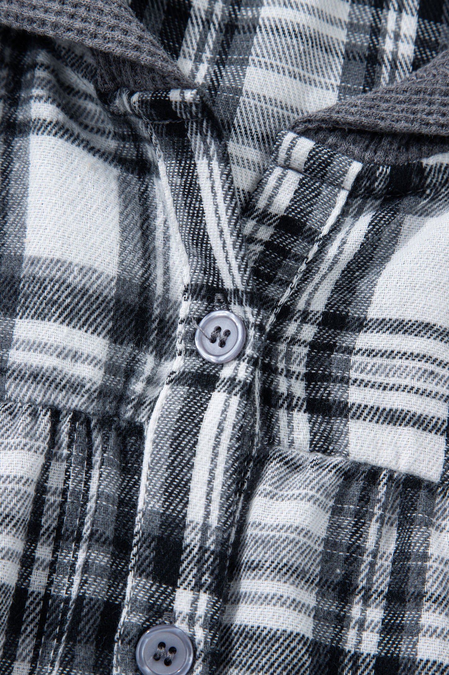 Gray Plaid Patchwork Long Sleeve Button Hooded Blouse